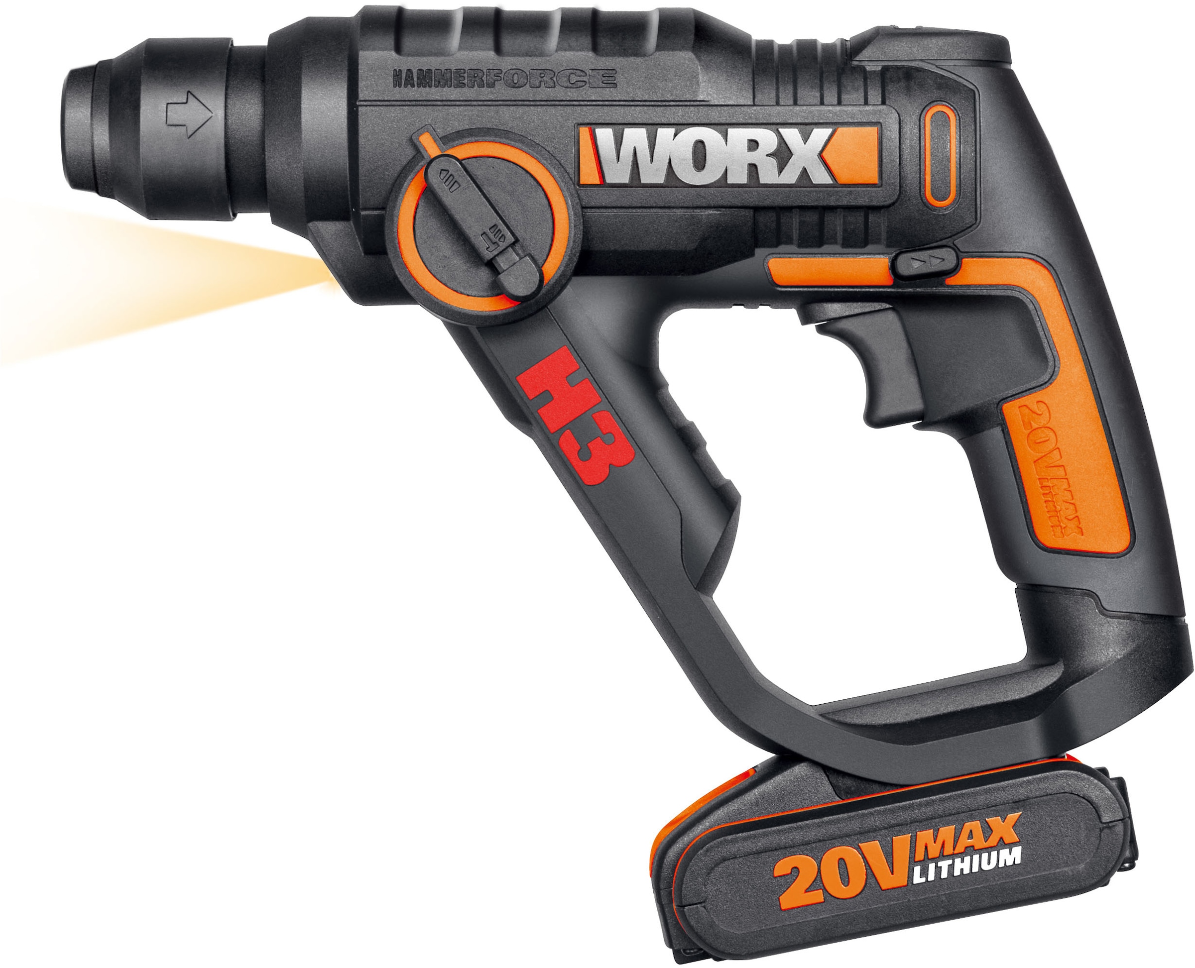 Worx Akku-Bohrhammer »WX390.1«, (Set), 3-In-1, pneumatisches Hammerwerk, inkl. 2 Akkus & Ladegerät