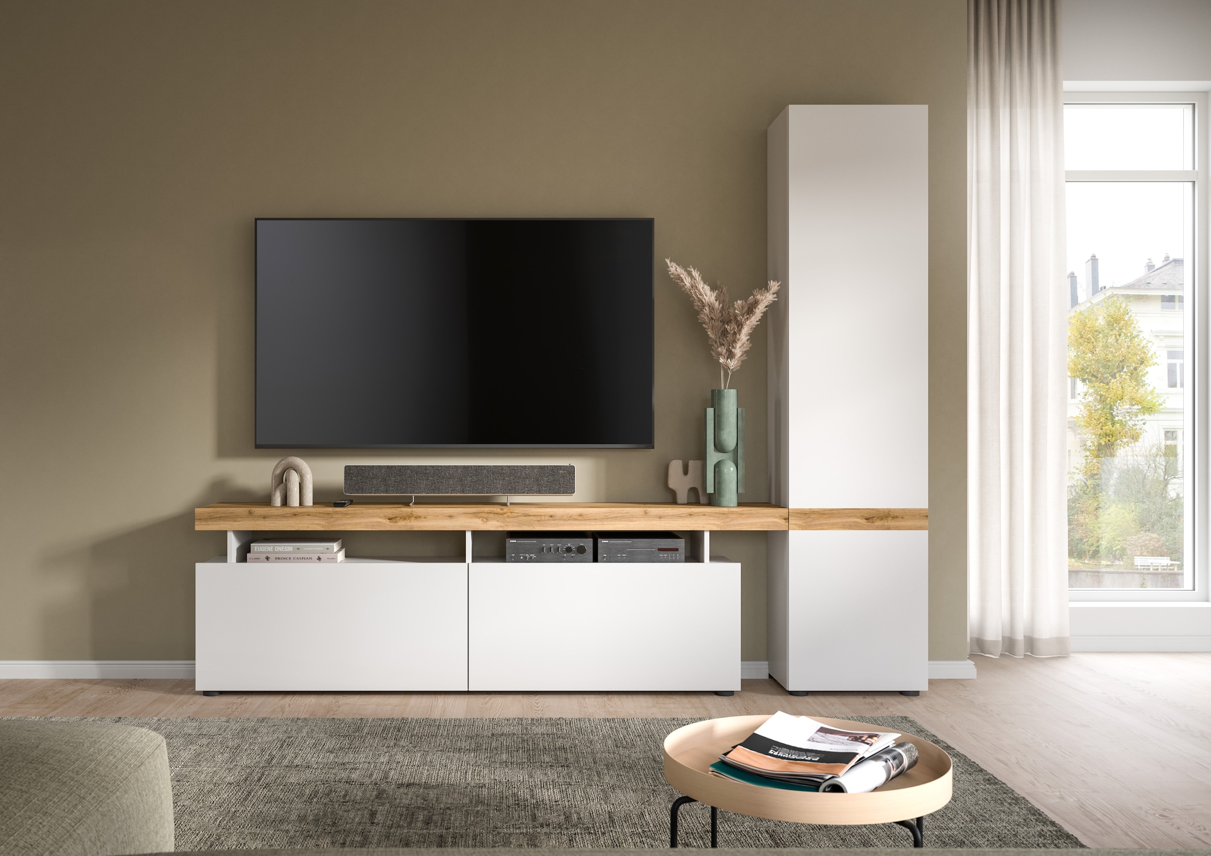 INOSIGN Wohnwand »Mambo, Breite 235cm, 2-farbig, grifflose Fronten, Tür mit push to open«, (2 St.), bestehend aus: Lowboard und Hochschrank, Mediawand, TV-Wand, TV-Möbel