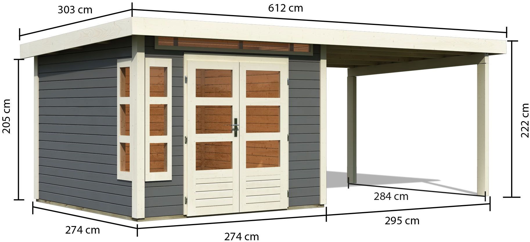 Karibu Gartenhaus »Kolimasee 6«, (Set), mit Anbaudach 3,2 m, terragrau