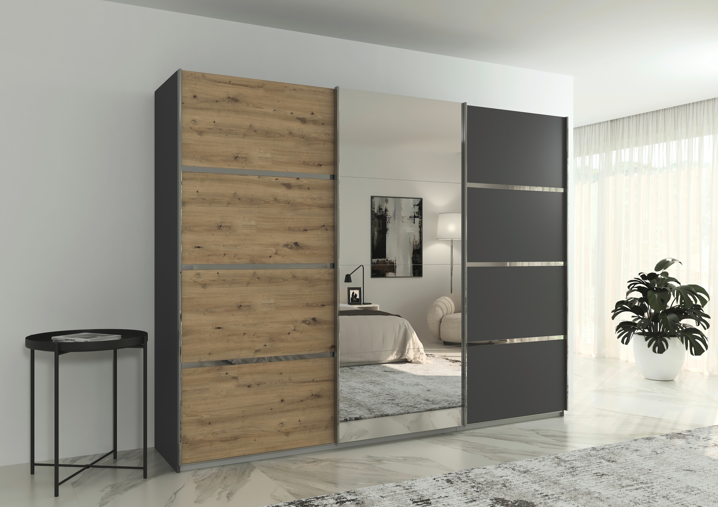rauch Kleiderschrank »Schwebetürenschrank OTTO´s Choice Garderobe Schrank TOP ANGEBOT Avola«, (in 3 verschiedenen Ausstattungen BASIC/CLASSIC/PREMIUM inkl. Spiegel), mit eleganten Zierleisten in Chrom, Schwarz oder Weiß MADE IN GERMANY