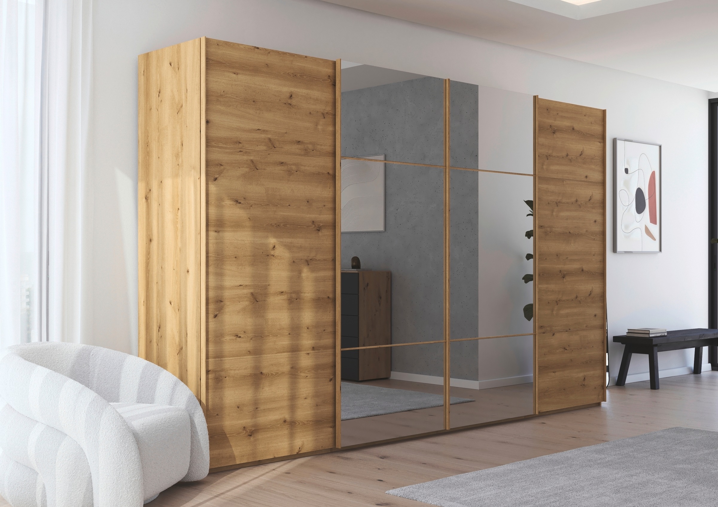 rauch Schwebetürenschrank »Kleiderschrank Schrank Garderobe Schlafzimmerschrank SCALE-TRIO«, edle dreigeteilte Front mit 2 Zierleisten und Spiegel MADE IN GERMANY