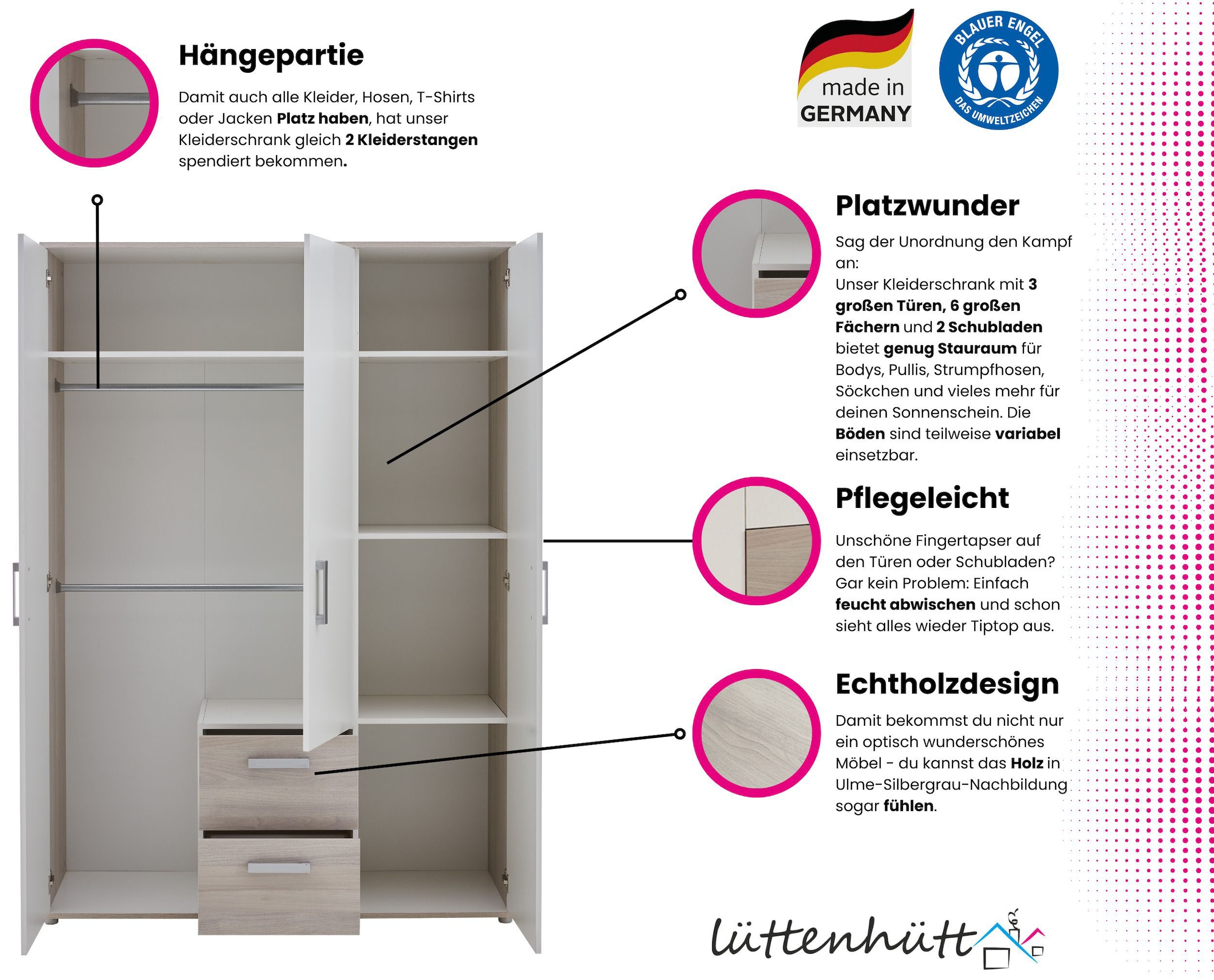 Lüttenhütt Babyzimmer-Komplettset »Geert«, (Set, 4 tlg., Kinderbett, Regal, Schrank, Wickelkommode), Made in Germany; mit Kinderbett, Regal, Schrank und Wickelkommode