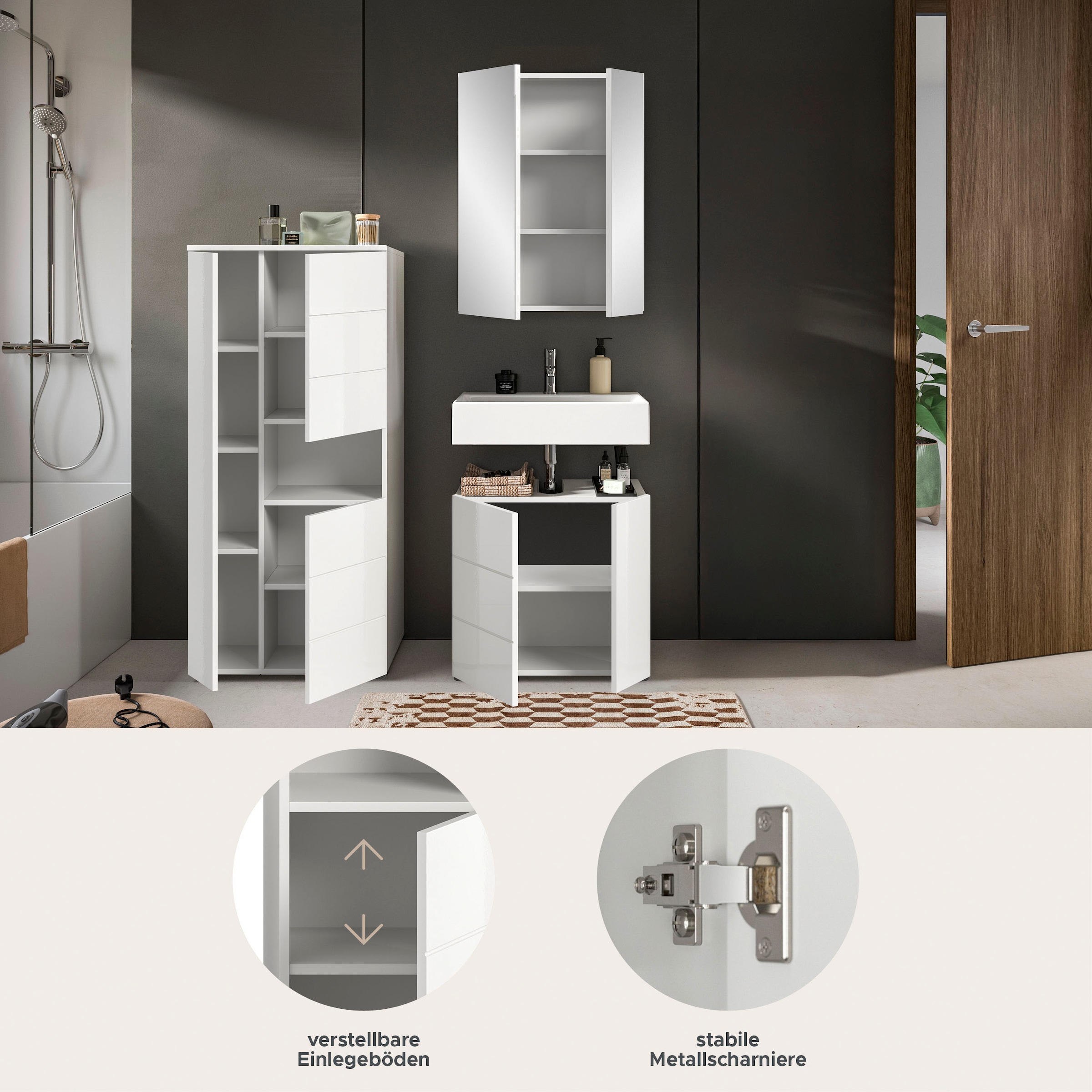 welltime Badmöbel-Set »Biel, Höhe 190 cm, Midischrank, Unterschrank, Spiegelschrank«, (3 St.), Bad Set, modernes Design, Hochschrank, Unterschrank, Spiegel
