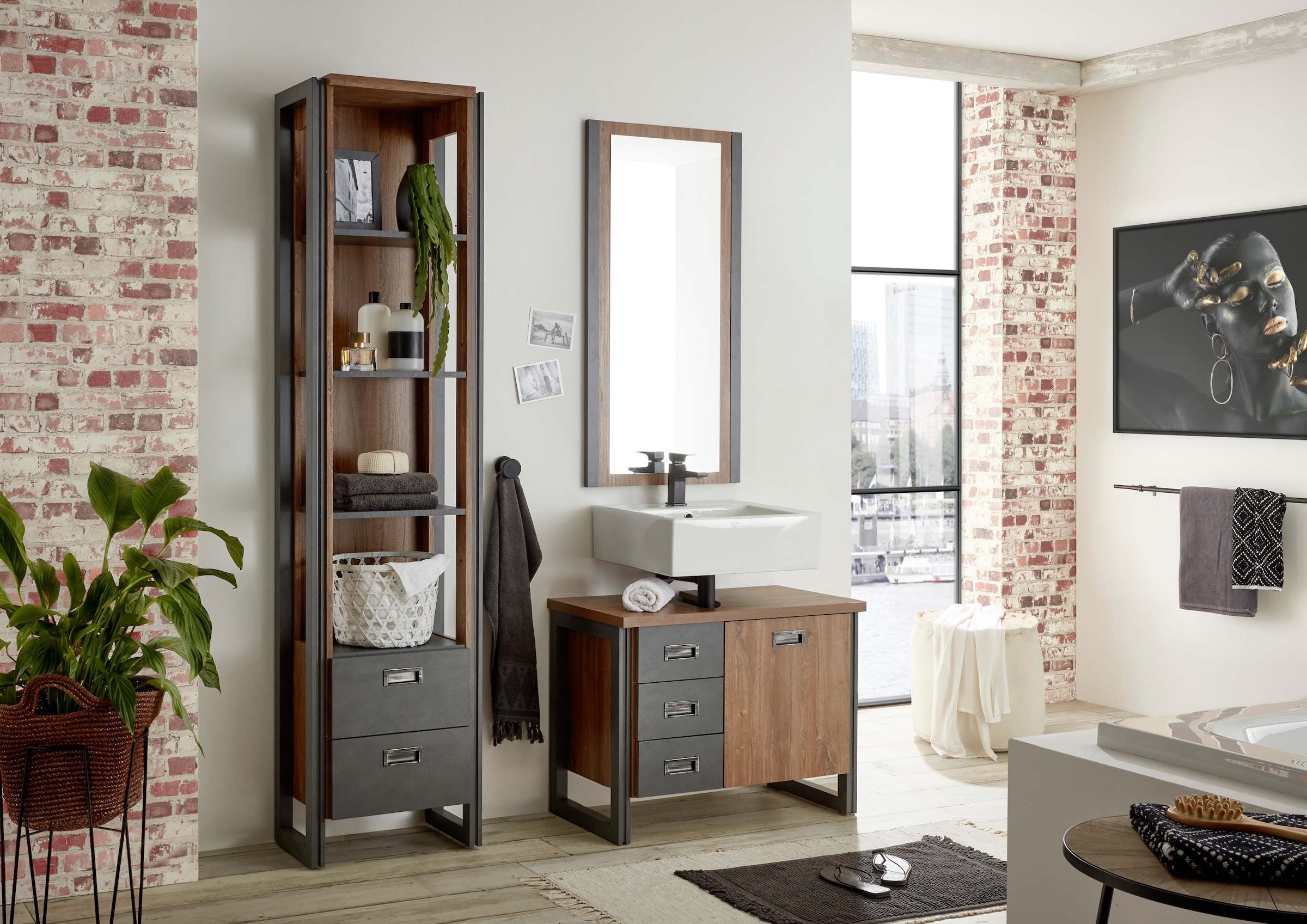 Home affaire Waschbeckenunterschrank »Detroit, Waschtisch mit Apothekergriff, Badschrank im Industrialdesign«, Eiche Dekor, mit Schubladen & Stauraum, Breite 81 cm
