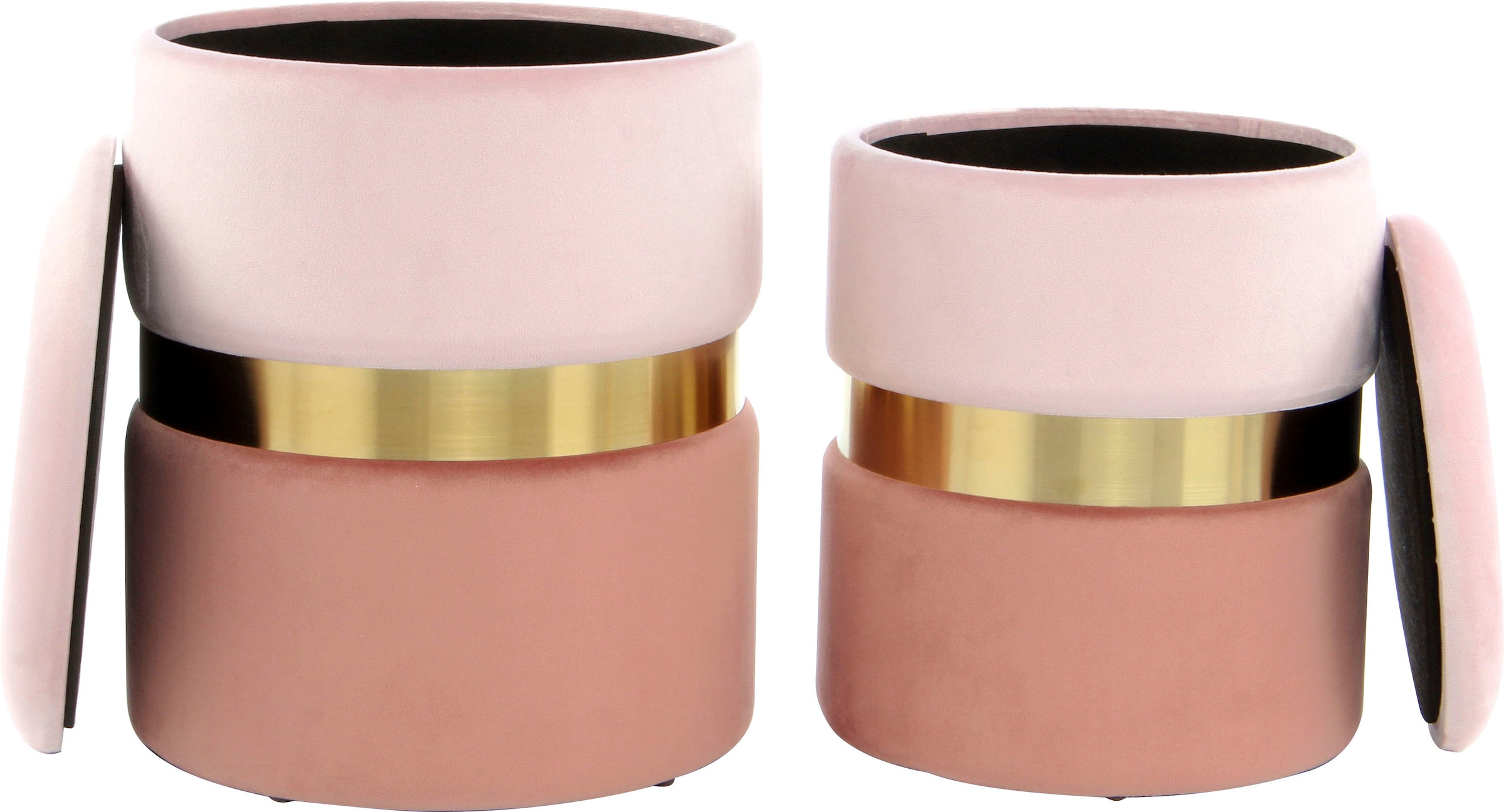 Kayoom Stauraumhocker »Hocker Zora 125 2er-Set, samtweicher Stoffbezug,runde elegante Form« Set, 2 Stk. tlg. edles Design mit Metallring, gepolstert, mit Stauraum