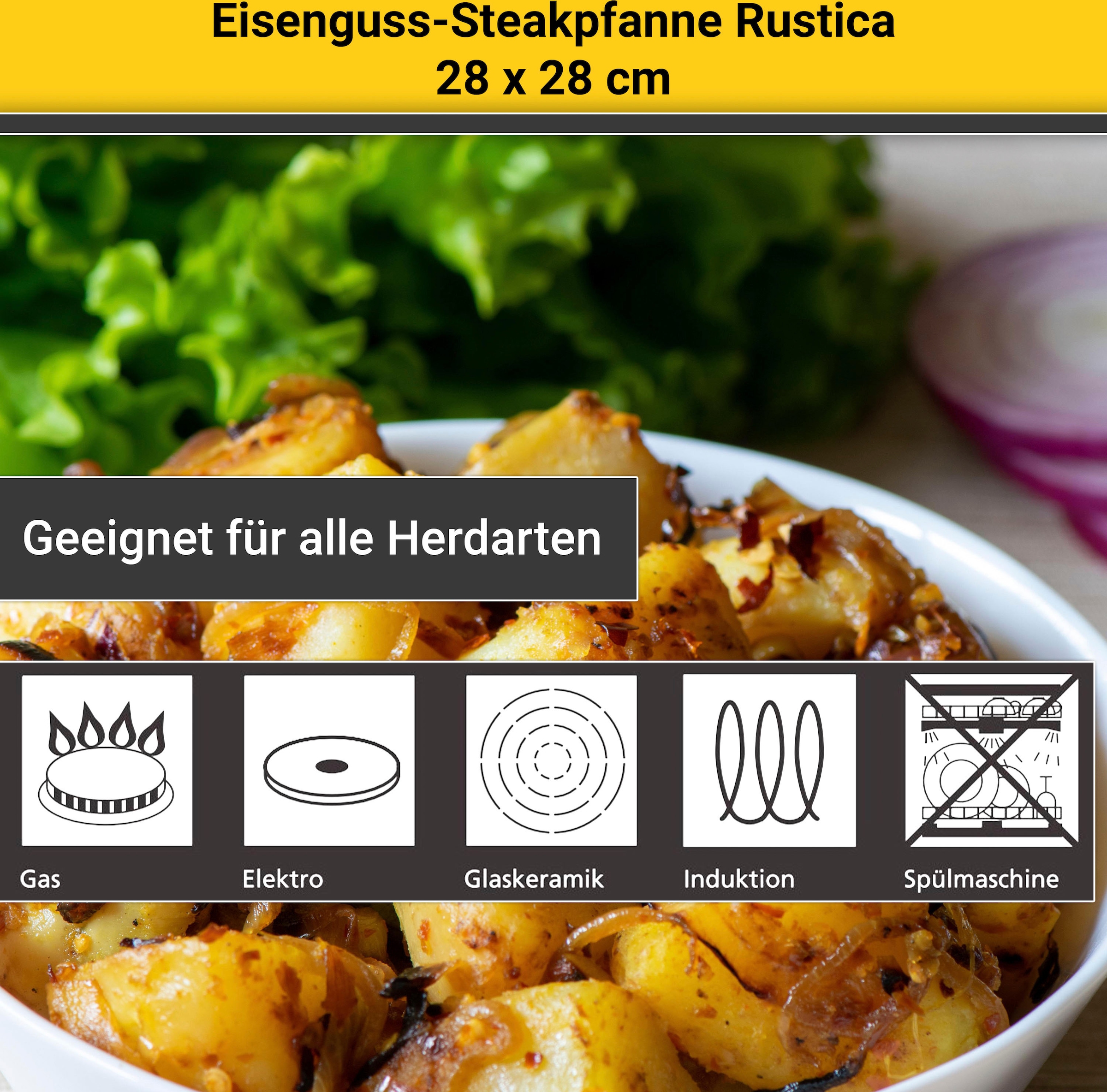 Krüger Steakpfanne »Einsenguss Grill-/ Steakpfanne RUSTICA, 28 x 28cm«, Gusseisen, (1 tlg.), für Induktions-Kochfelder geeignet