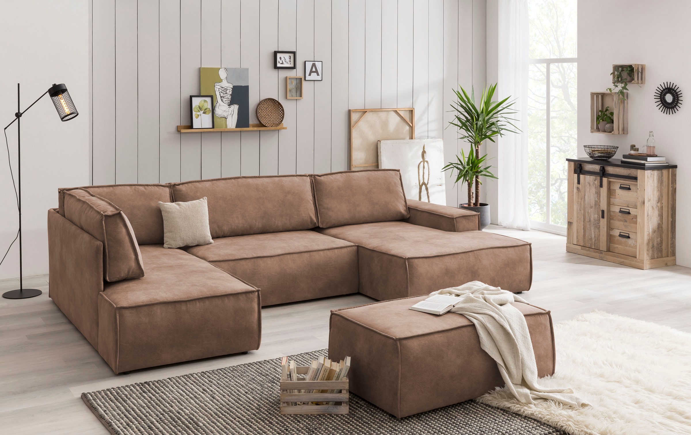 Home affaire Wohnlandschaft »SHERWOOD 329 cm, U-Form, Schlafsofa,«, Schlaffunktion m. Bettkasten (194x139 cm), Cord, Vintage, Samtvelours