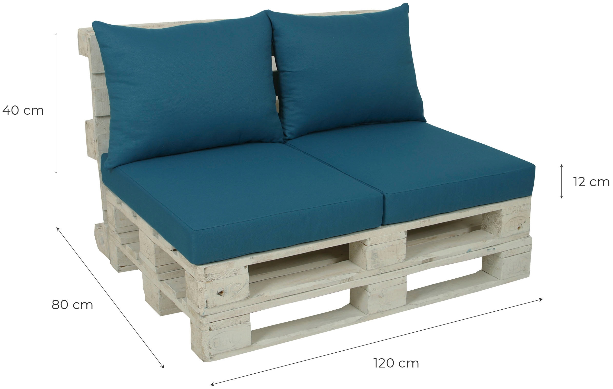 GO-DE Palettenkissen, 60x80 cm, 12 cm gepolstert, 2 Sitz- und 2 Rückenkissen für 1 Palette