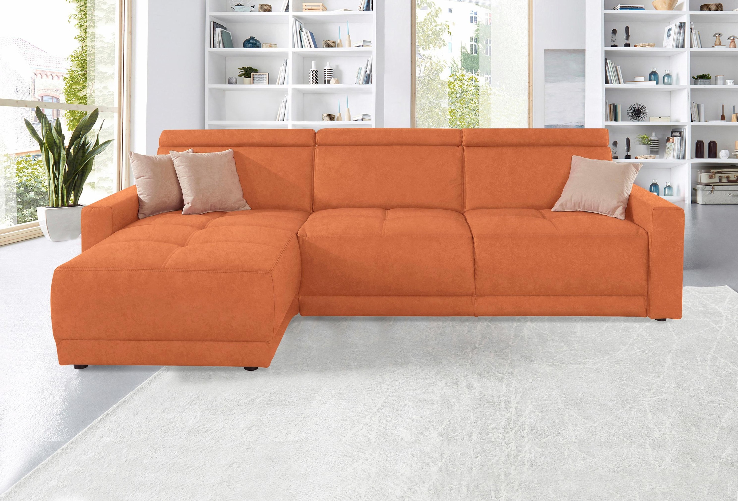 DOMO collection Ecksofa »Ava mit moderner Sitzheftung & toller Doppelnaht, komfortabel, L-Form« mit Recamiere, inkl. Federkern, wahlweise mit Kopfteilverstellungen