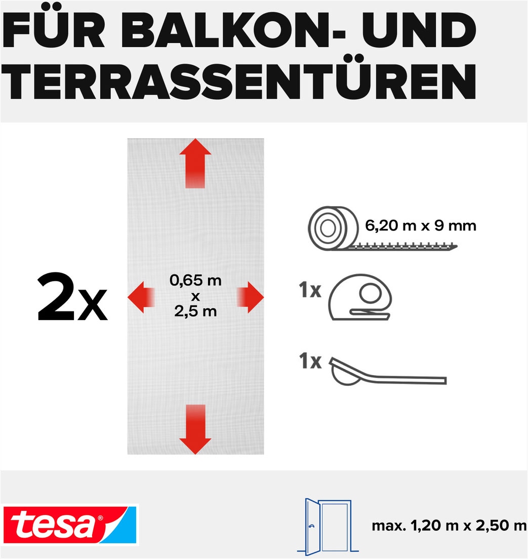 tesa Insektenschutz-Tür »Klett Fliegengitter Premium für Türen - ohne Bohren« Packung, Fliegennetz, Klettband, 1 Stk. tlg. selbstklebende Insektenschutz - (2 x 65cm )120cm x 250cm