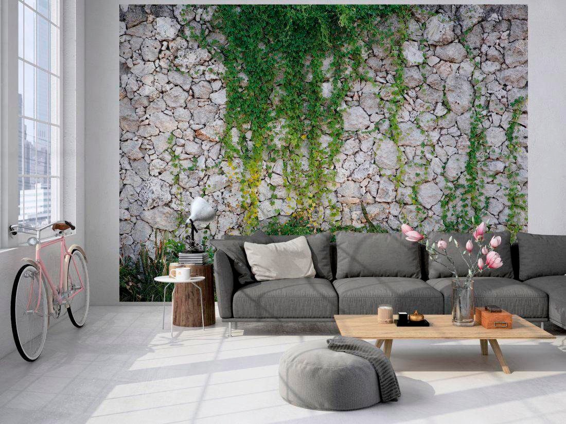 living walls Fototapete »Natursteinmauer Vlies«, Steinwand mit Pflanzen Fototapete Steine 3,50 m x 2,55 m  Tapete