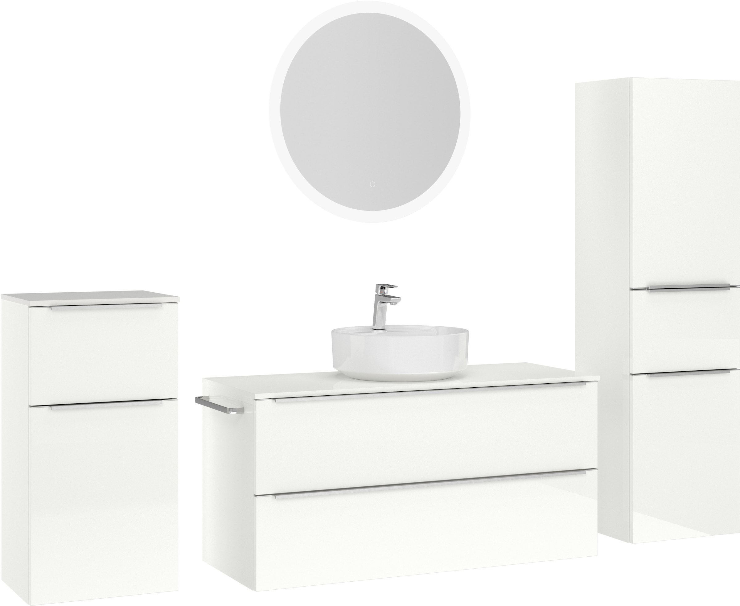 nobilia® Badmöbel-Set »Alvene«, (4 St., vormontiert, mit Soft-Close), Hochglanz, inkl. Spiegel mit Touch-Sensor, in vier Breiten