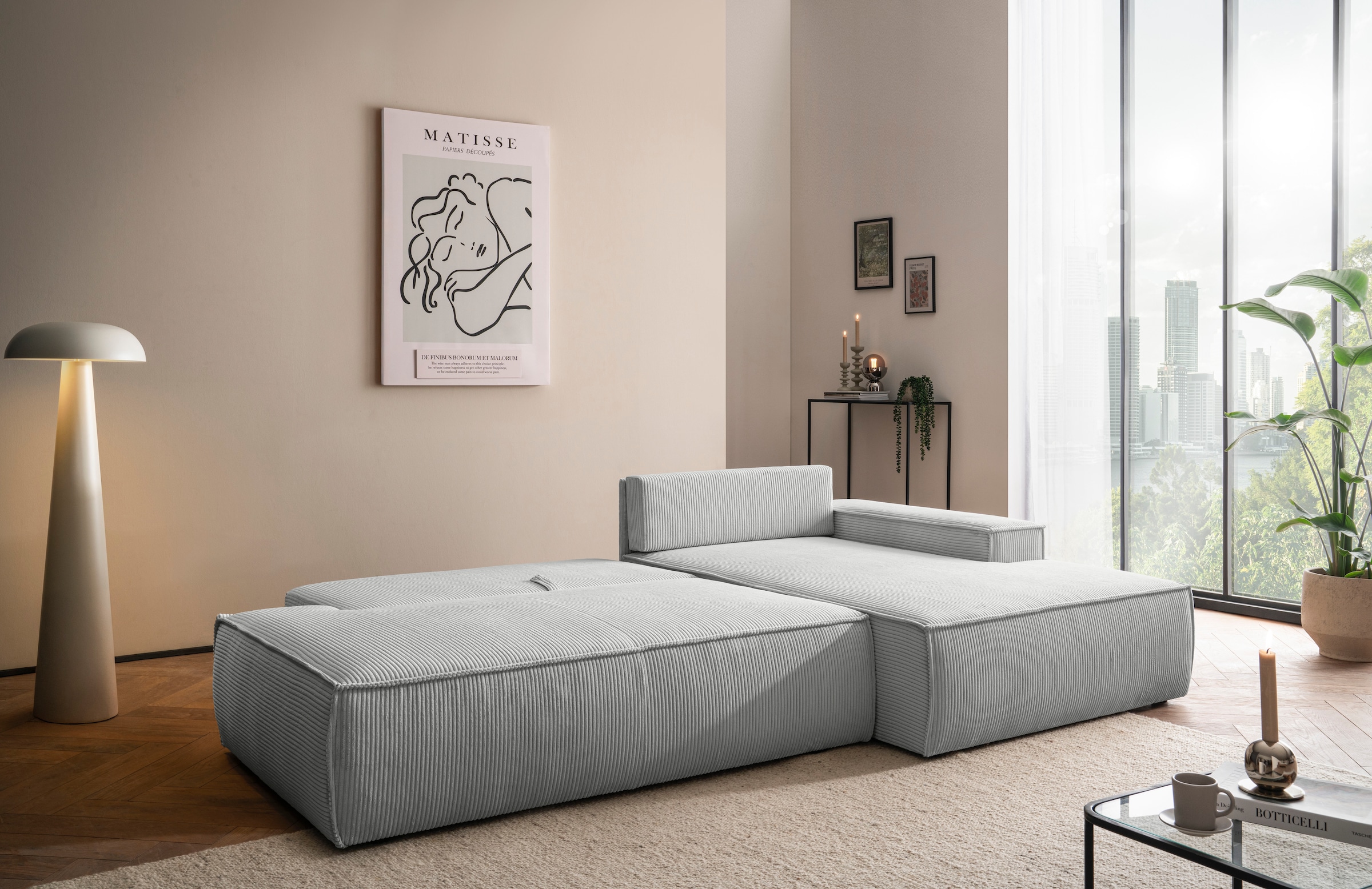 Home affaire Ecksofa »SHERWOOD, Schlafsofa in L-Form offen (275cm), Cord, Leinenoptik«, Schlaffunktion und Bettkasten, Kedernaht, hoher Sitz- & Liegekomfort