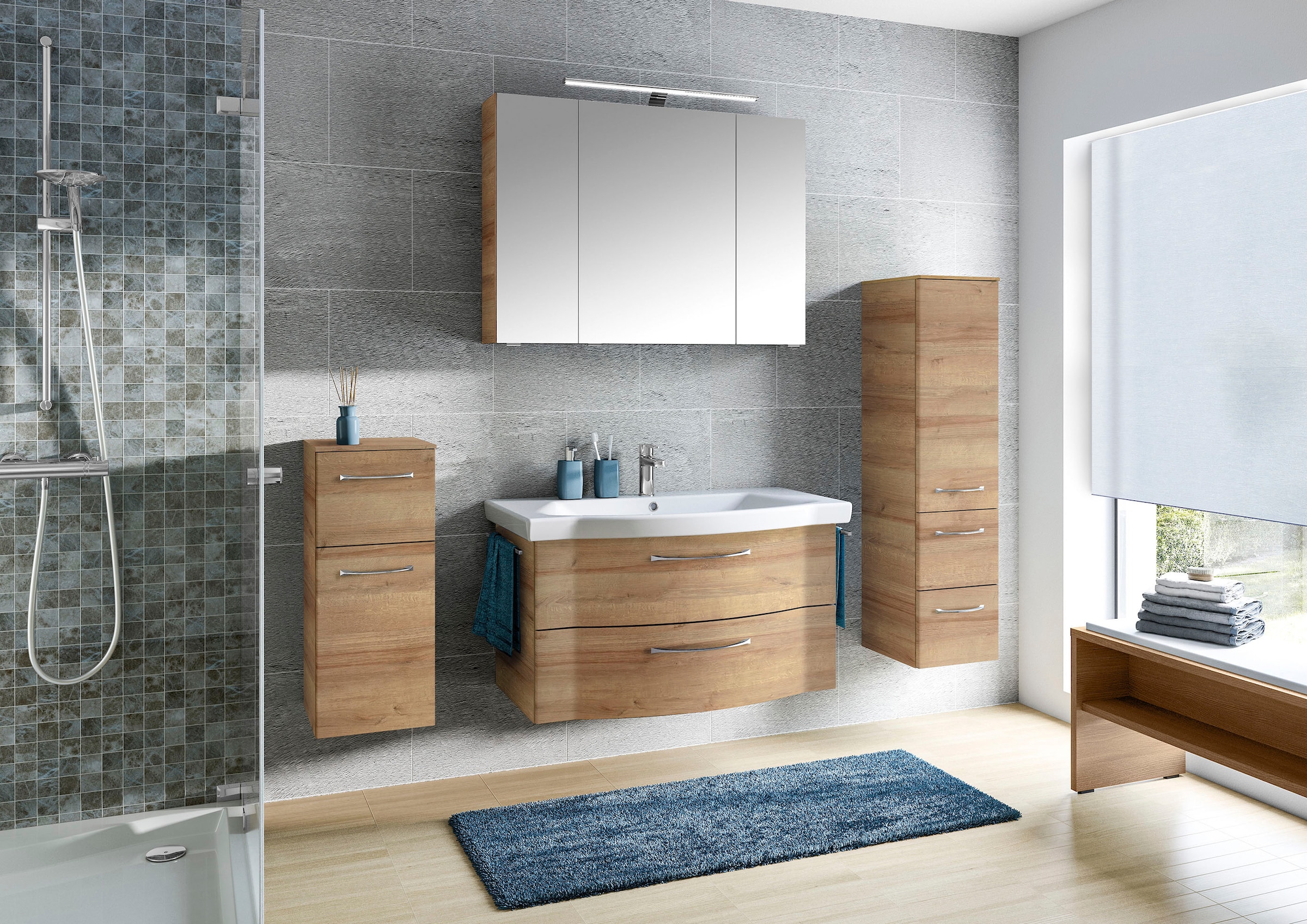 Saphir Badmöbel-Set »6005 Sprint 4-teilig, Keramik-Waschtisch mit LED-Spiegelschrank«, (5 St.), Unterschrank, Midischrank, inkl. Türdämpfer, 5 Türen, 5 Schubladen