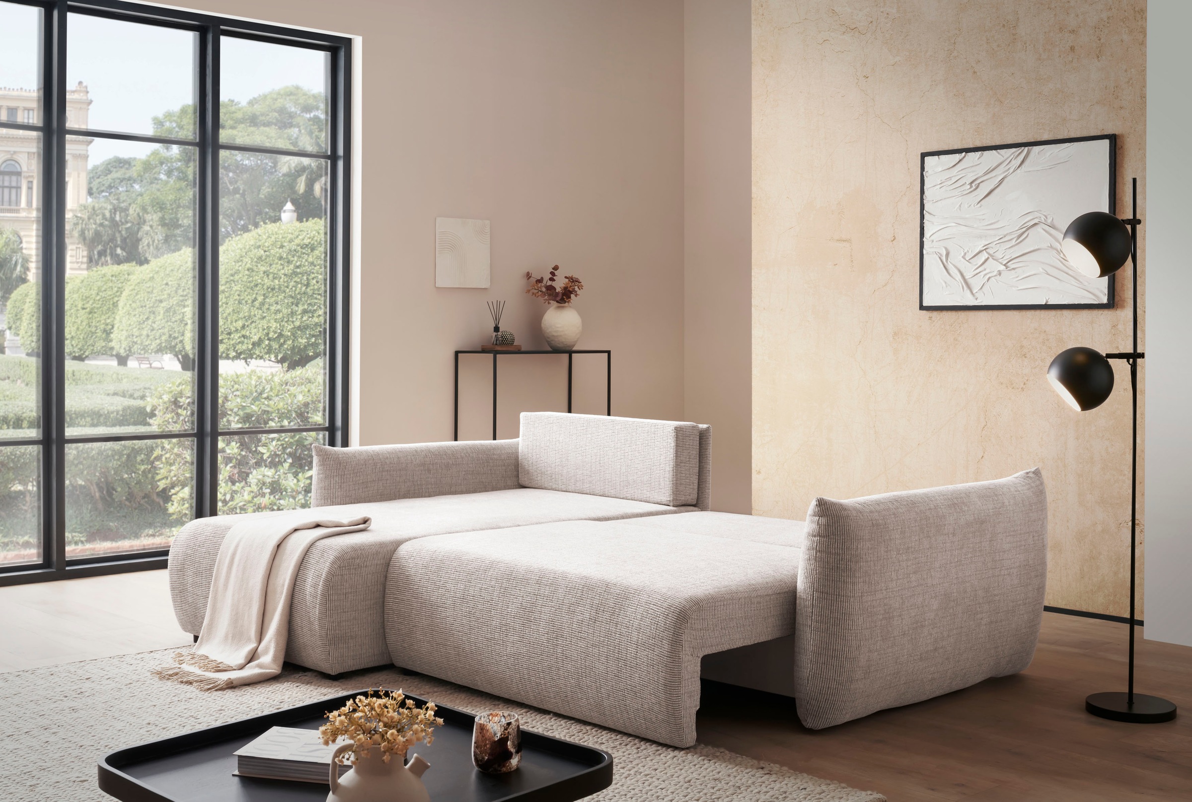 INOSIGN Ecksofa »MAVAS Schlafsofa mit Bettkasten, L-Form,«, ca.257/127cm (Liegefläche 212/145 cm), Cord, Chenille, Struktur