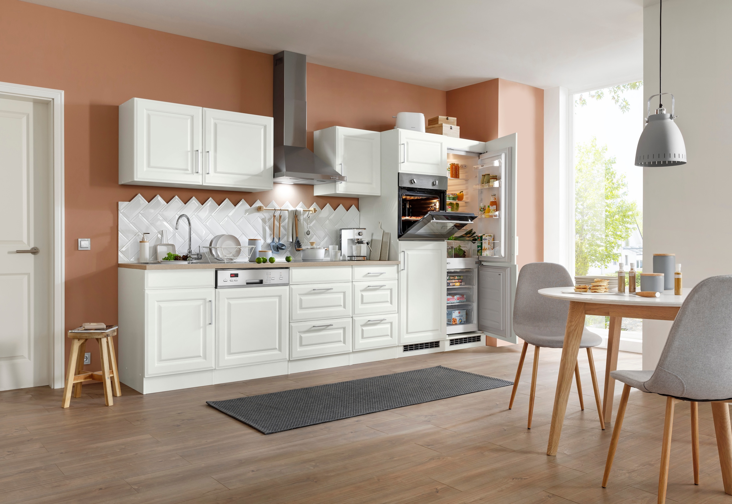 HELD MÖBEL Küchenzeile »Stockholm«, Breite 340 cm, mit hochwertigen MDF Fronten im Landhaus-Stil