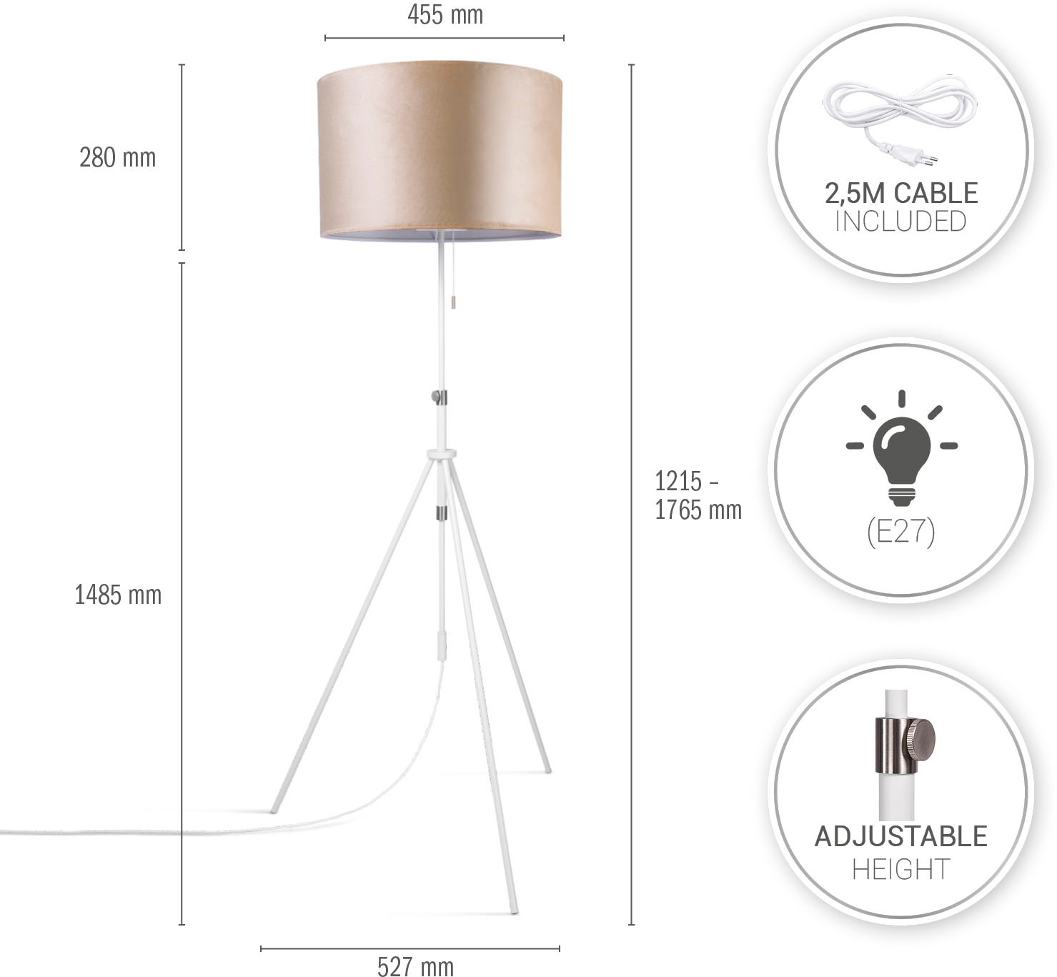 Paco Home Stehlampe »Naomi uni Color« E27 Wohnzimmer Höhenverstellbar 121,5 bis 176,5 cm Zugschalter Velour
