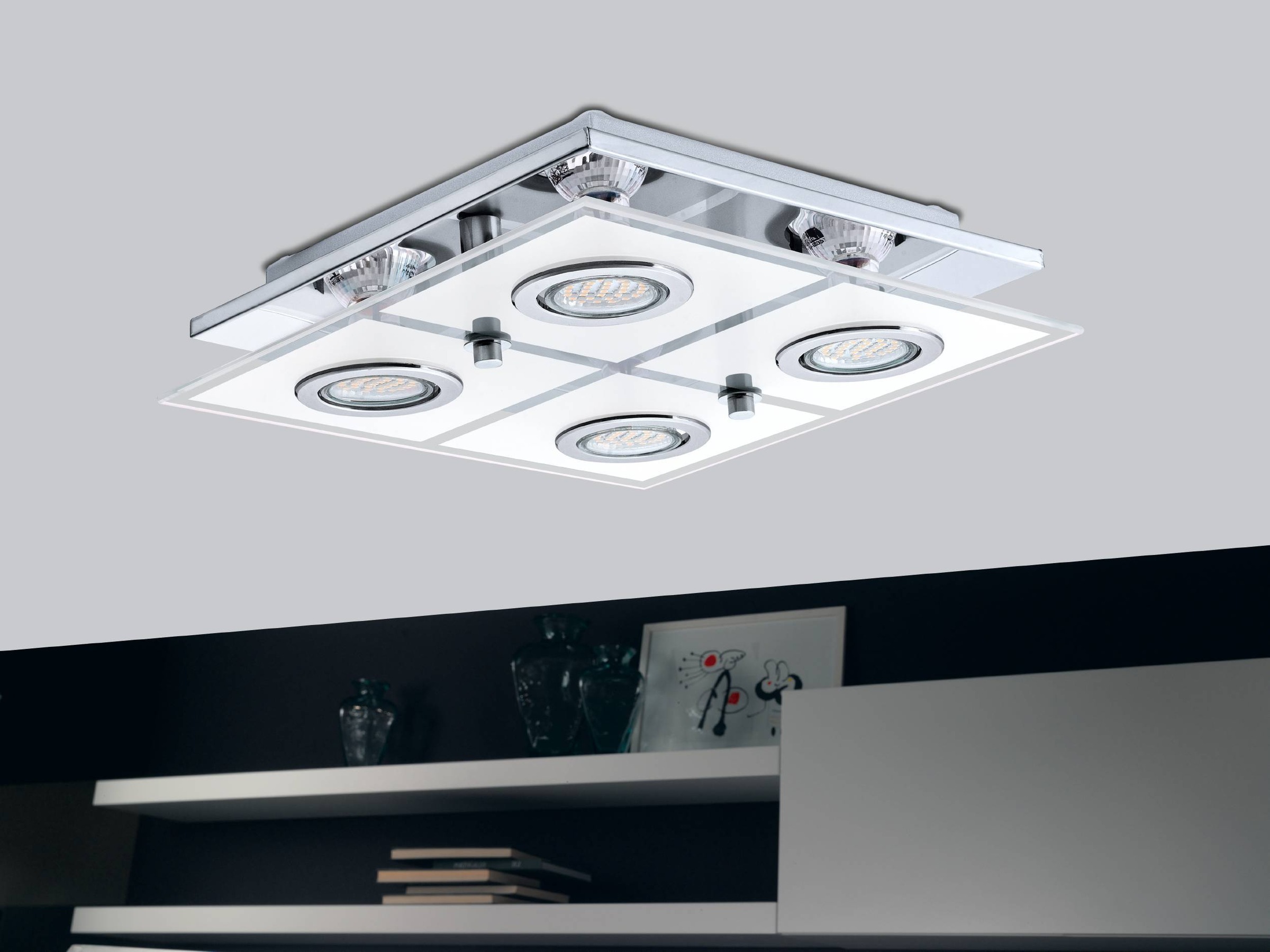 EGLO Deckenleuchte »Cabo Deckenlampe, Deckenstrahler, Küchenlampe, Edelstahl, Glas, GU10« GU10 1 Stk. Wand-/Deckenleuchte - L29 x B29 x H7 cm - chrom - 4X2,8W inkl.