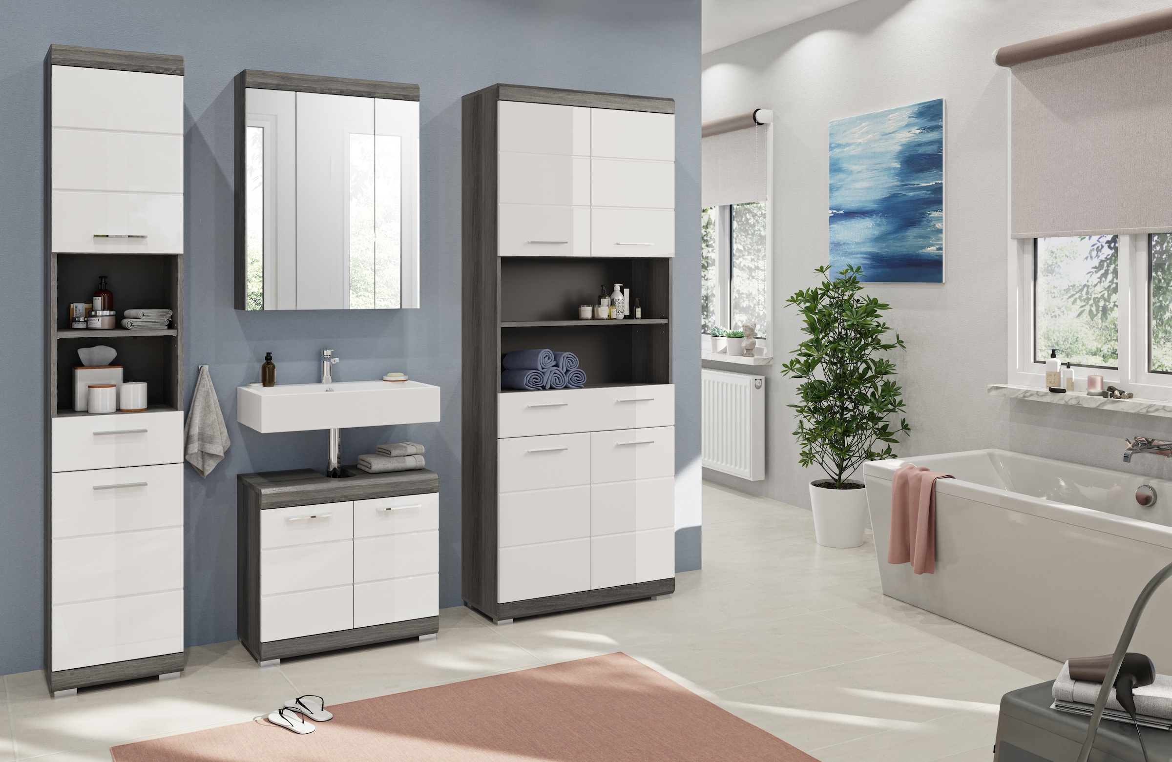 INOSIGN Badmöbel-Set »Siena, 4 teilig, bestehend aus:«, (Set, 4 St.), Hochschrank schmal, WBU, Spiegelschrank, Hochschrank breit