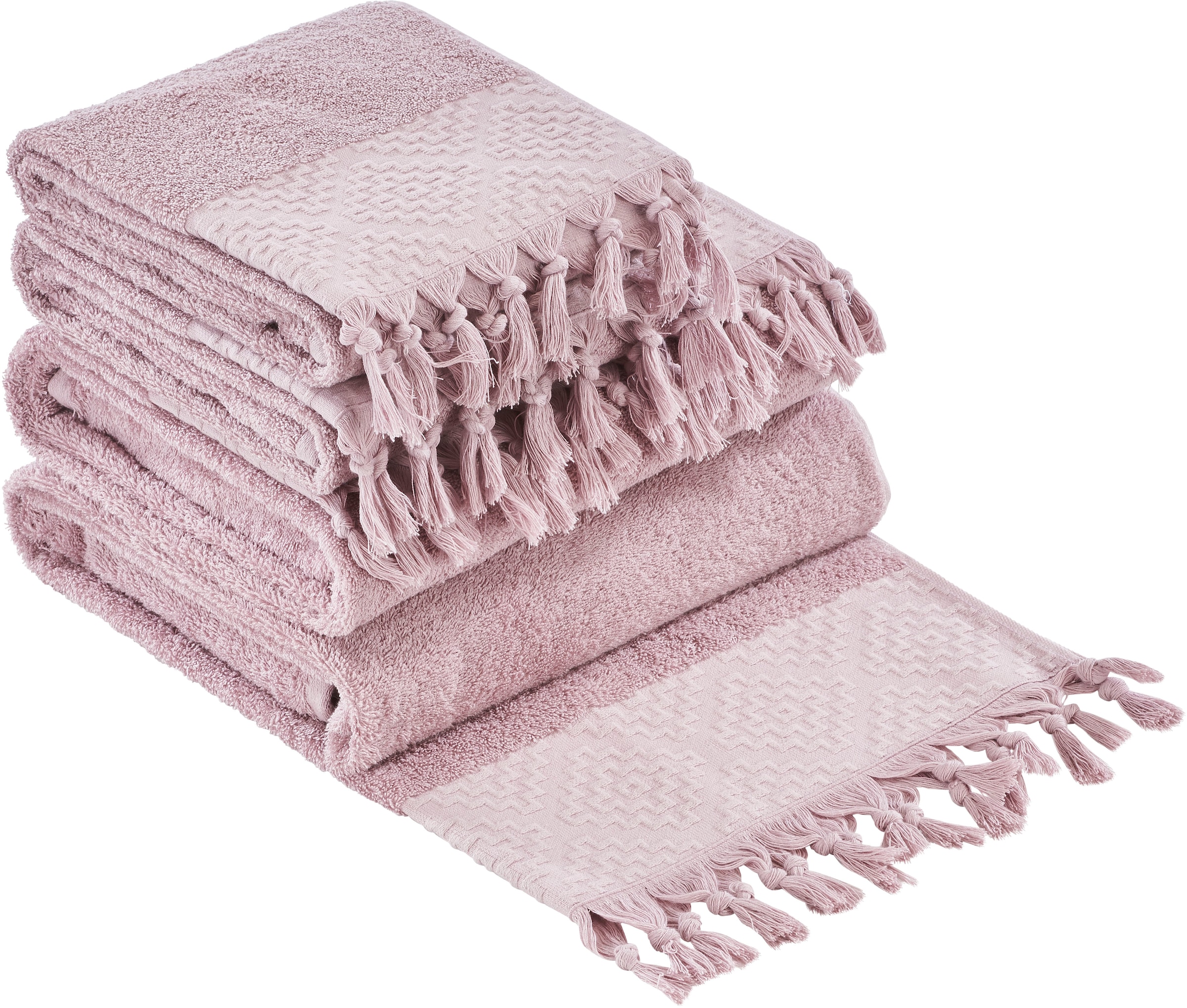 done.® Handtuch Set »Provence Bohéme«, (Set, 4 St., 2 Gästetücher (30x50 cm)-2 Handtücher (50x100 cm), Uni Farben, Boho-Style, Borte, verschiedene Set Varianten erhältlich