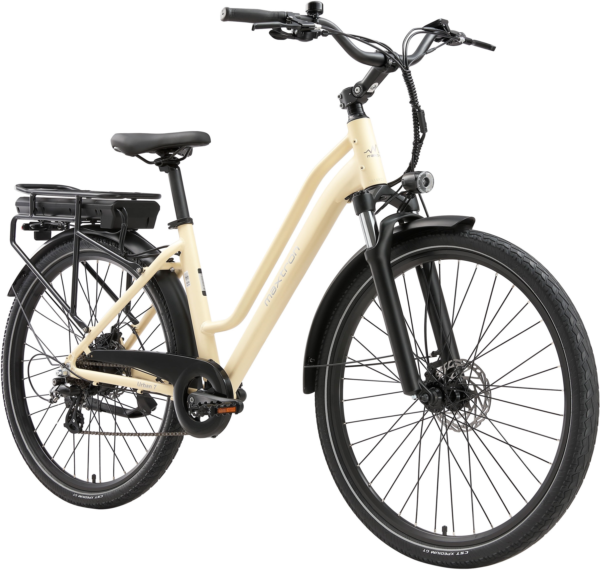 Maxtron »Maxtron Urban 7 E-Citybike 28 Zoll« 7 Gang Shimano Altus Schaltwerk Kettenschaltung Heckmotor 250 W Packung,  Tiefeinsteiger für Damen