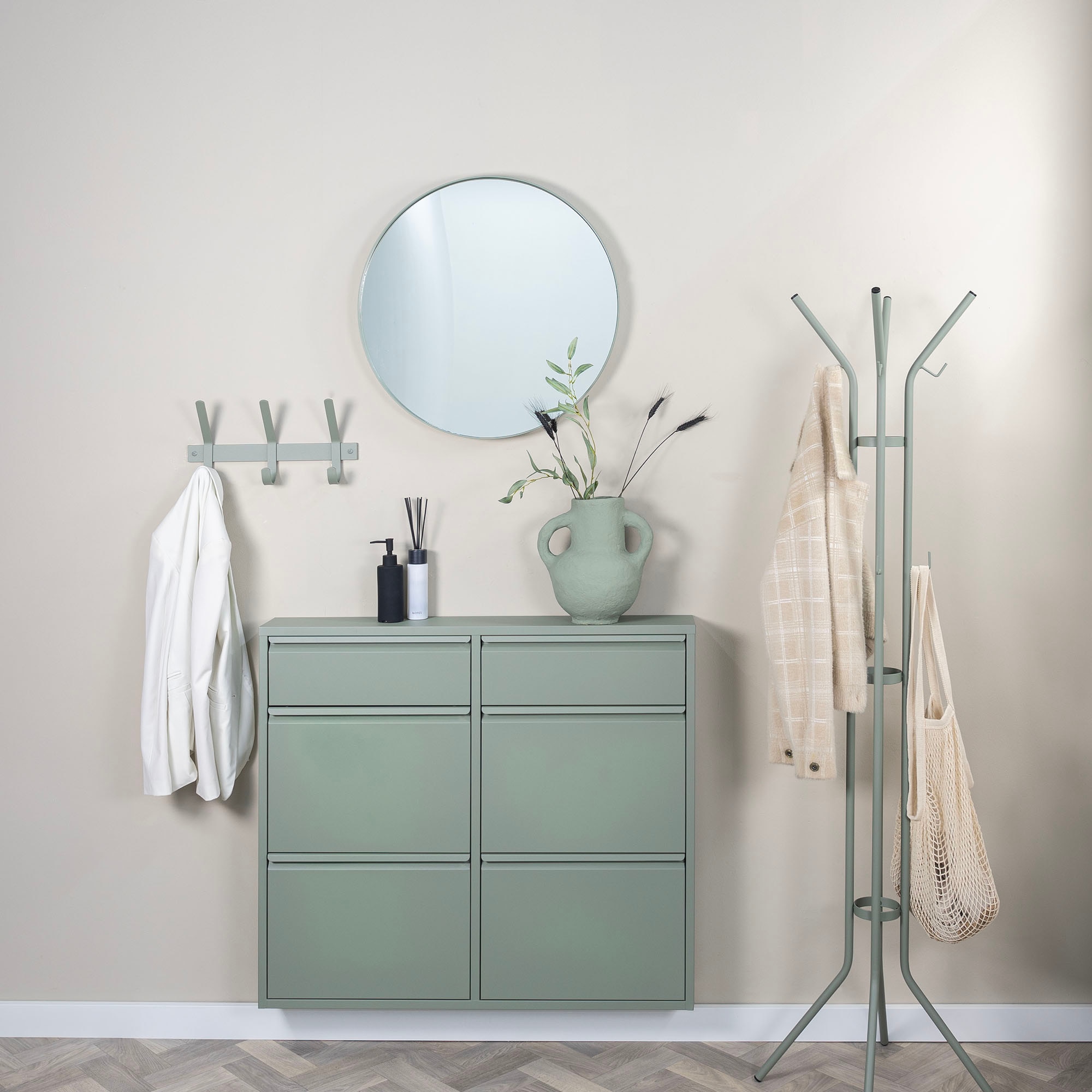 SPINDER DESIGN Garderobenständer »Jessy« Platzsparender Garderobenständer aus Stahl, 8 Haken & Schirmständer Dusty Green