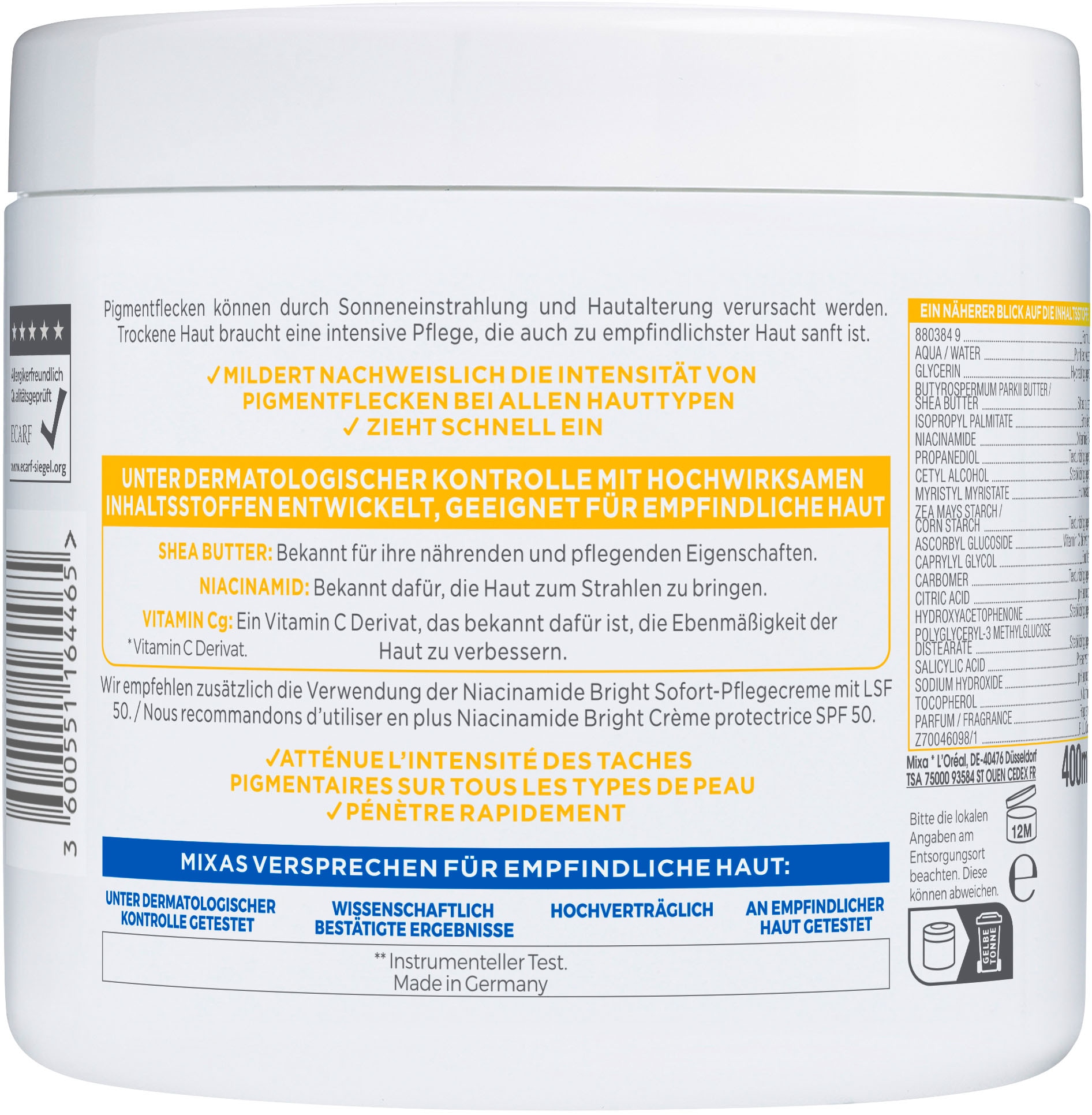 Mixa Körpermilch »Mixa Niacinamide Bright Creme« Mildert sonnenbedingte Pigmentflecken, versorgt trockene Haut.