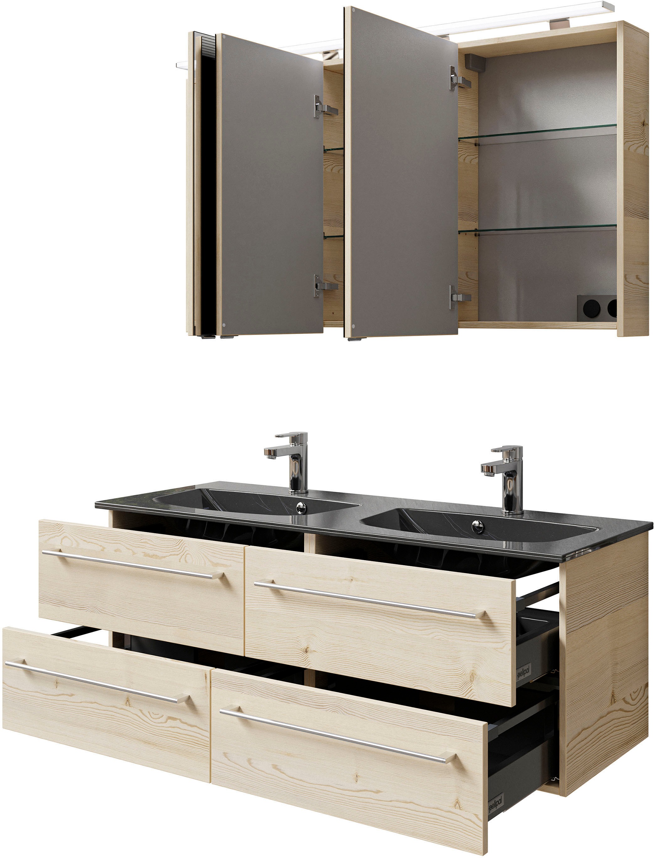 Saphir Badmöbel-Set »Serie 6025 2-teilig Mineralmarmor-Waschtisch mit LED-Spiegelschrank«, (2 St.), Waschplatz 132cm breit, 4 Schubladen, 2 Spiegel-Türen, inkl Türdämpfer