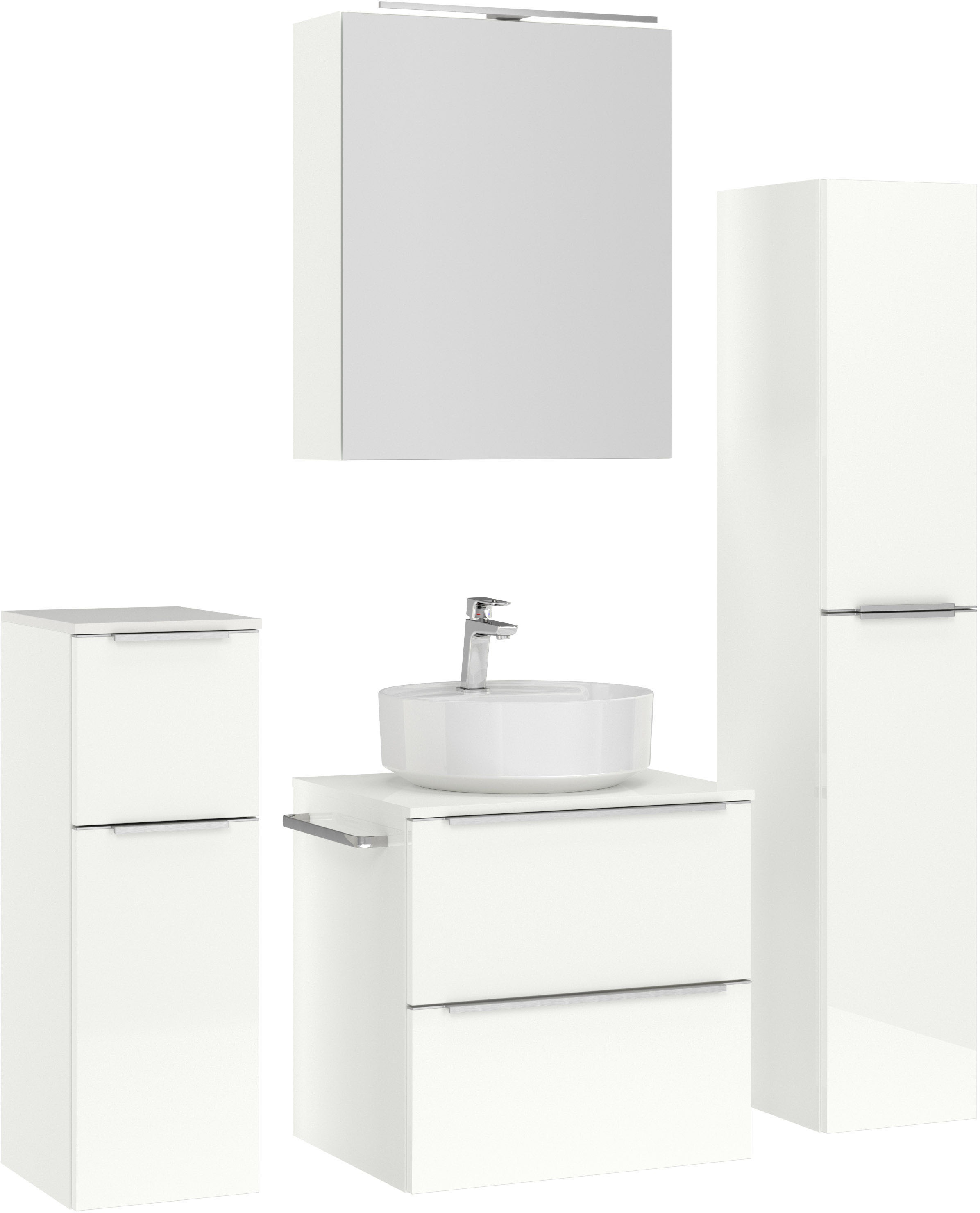 nobilia® Badmöbel-Set »Alvene«, (4 St., vormontiert, mit Soft-Close), inkl. Spiegelschrank mit Beleuchtung und Dimmerfunktion, in 4 Breiten