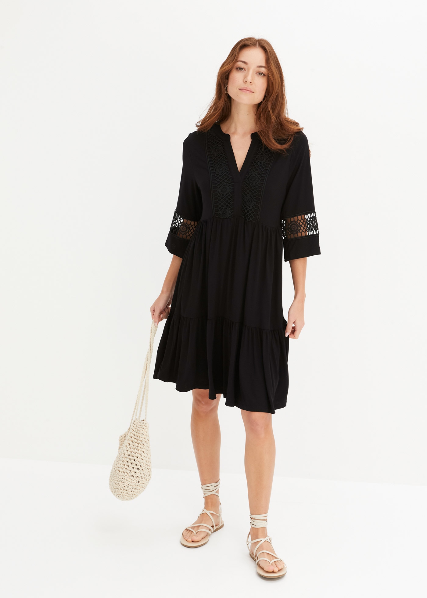 bonprix Tunikakleid ausgestellte Passform, mit hochwertiger Spitze, mit 3/4-Ärmeln