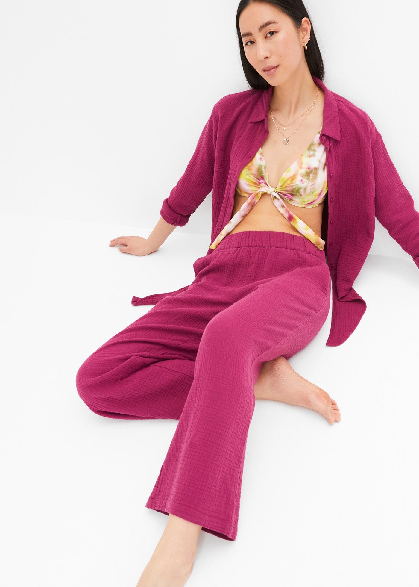 bonprix Marlene-Hose  aus reiner Baumwolle, weites Musselin-Material, Loose Fit Passform