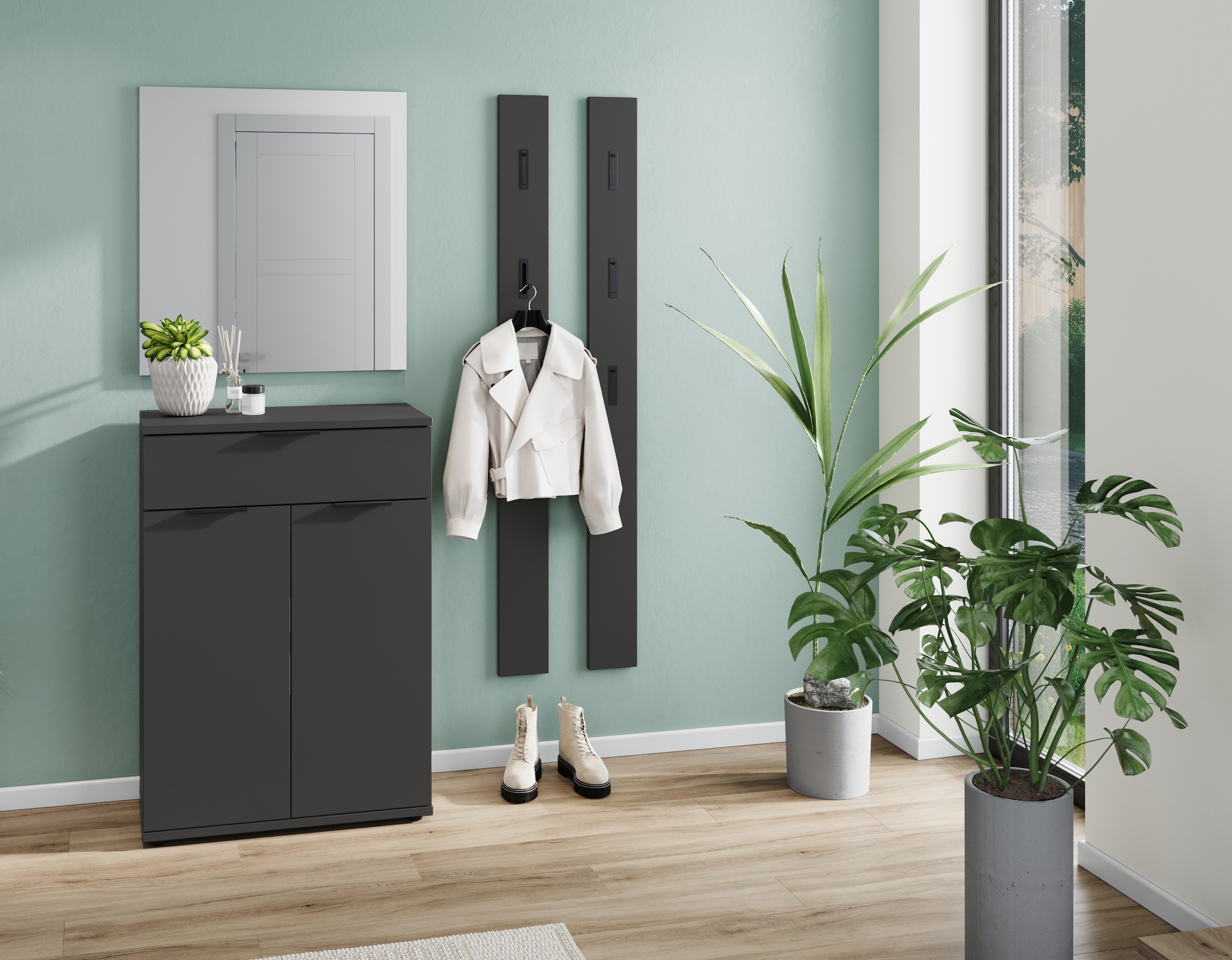 GERMANIA Garderoben-Set »Stanton«, (3 St.), Garderoben-Set bestehend aus 1 Schuhschrank, 1 Spiegel und 1 Paneel