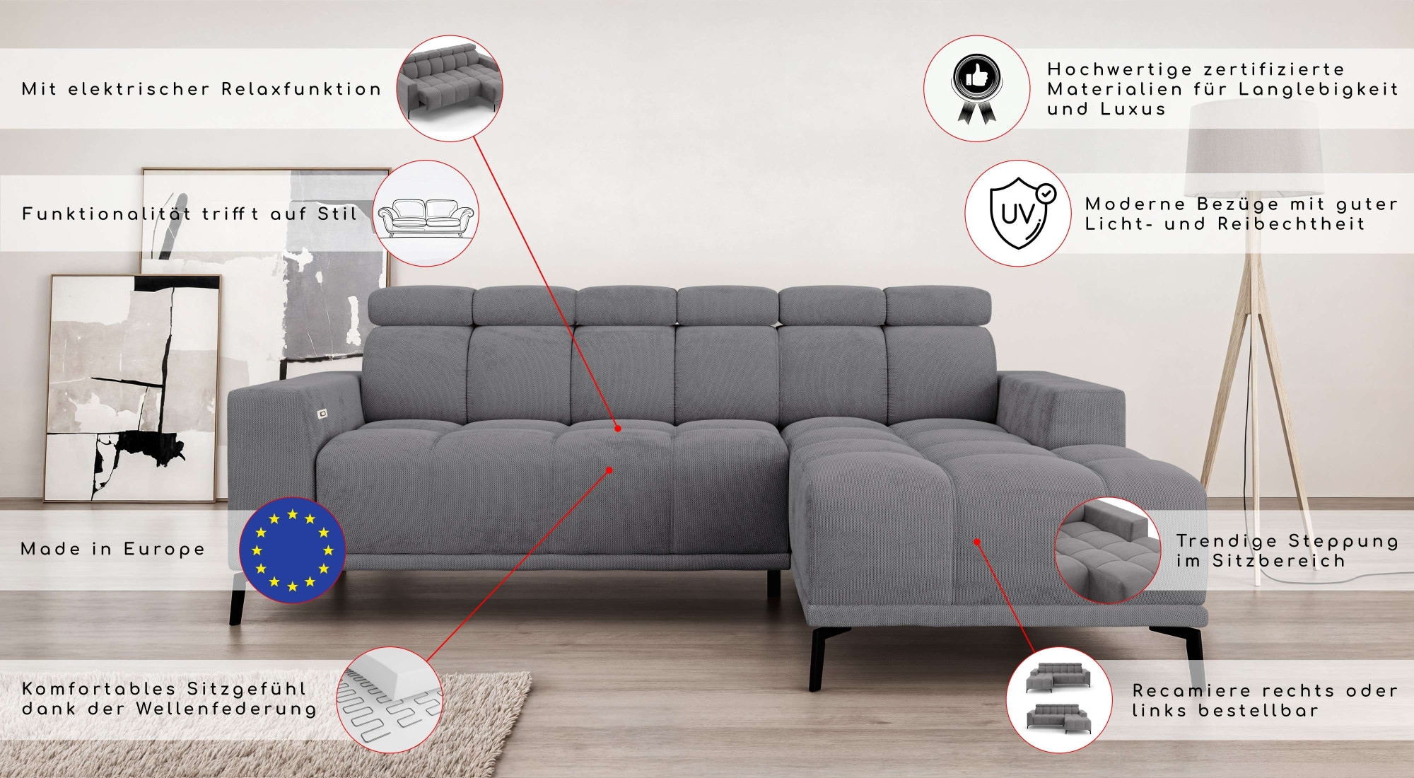 INOSIGN Ecksofa »CAZIE, Designsofa, L-Form, trendige Bubble-Optik,«, L-Form mit Wellenunterfederung, Recamiere rechts/links bestellbar