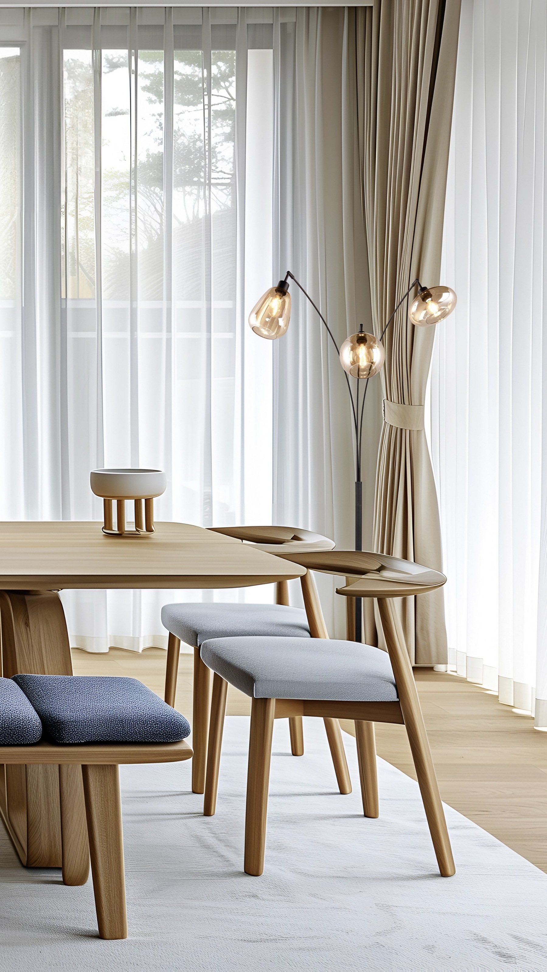 TRIO Leuchten Stehlampe »LUMINA, gebogene Stehleuchte mit Glasschirmen exkl 3xE14 max 10W«, 3 flammig, Leuchtmittel E14 | Leuchtmittel wechselbar, amberfarbige Gläser in 3 Formen, Fußschalter, Bogenleuchte Höhe 200 cm