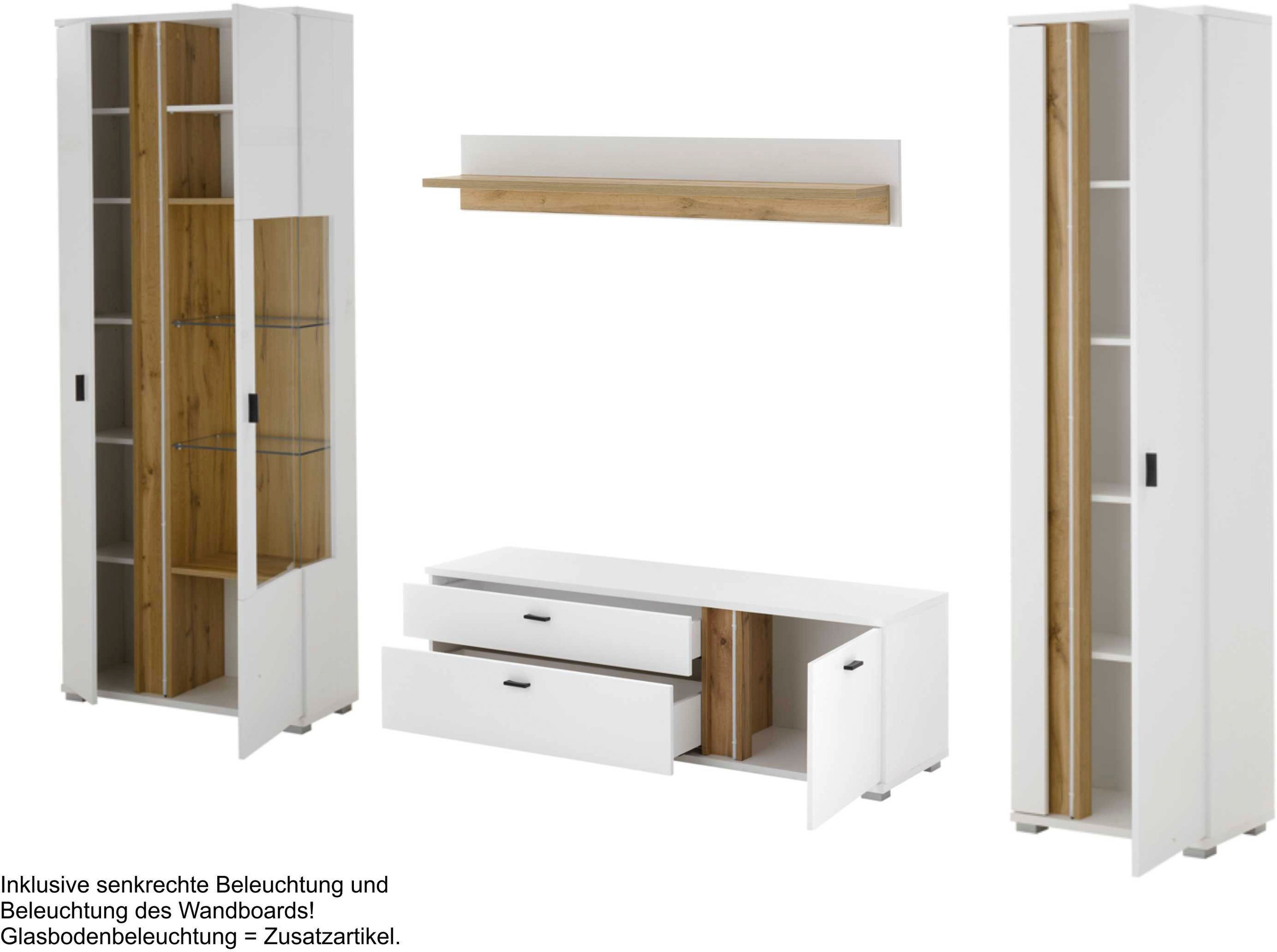 INOSIGN Wohnwand »LONG ISLAND«, (Set, 4 St.), in moderner Trendfarbe,inklusive senkrechter Beleuchtung,Breite 305 cm