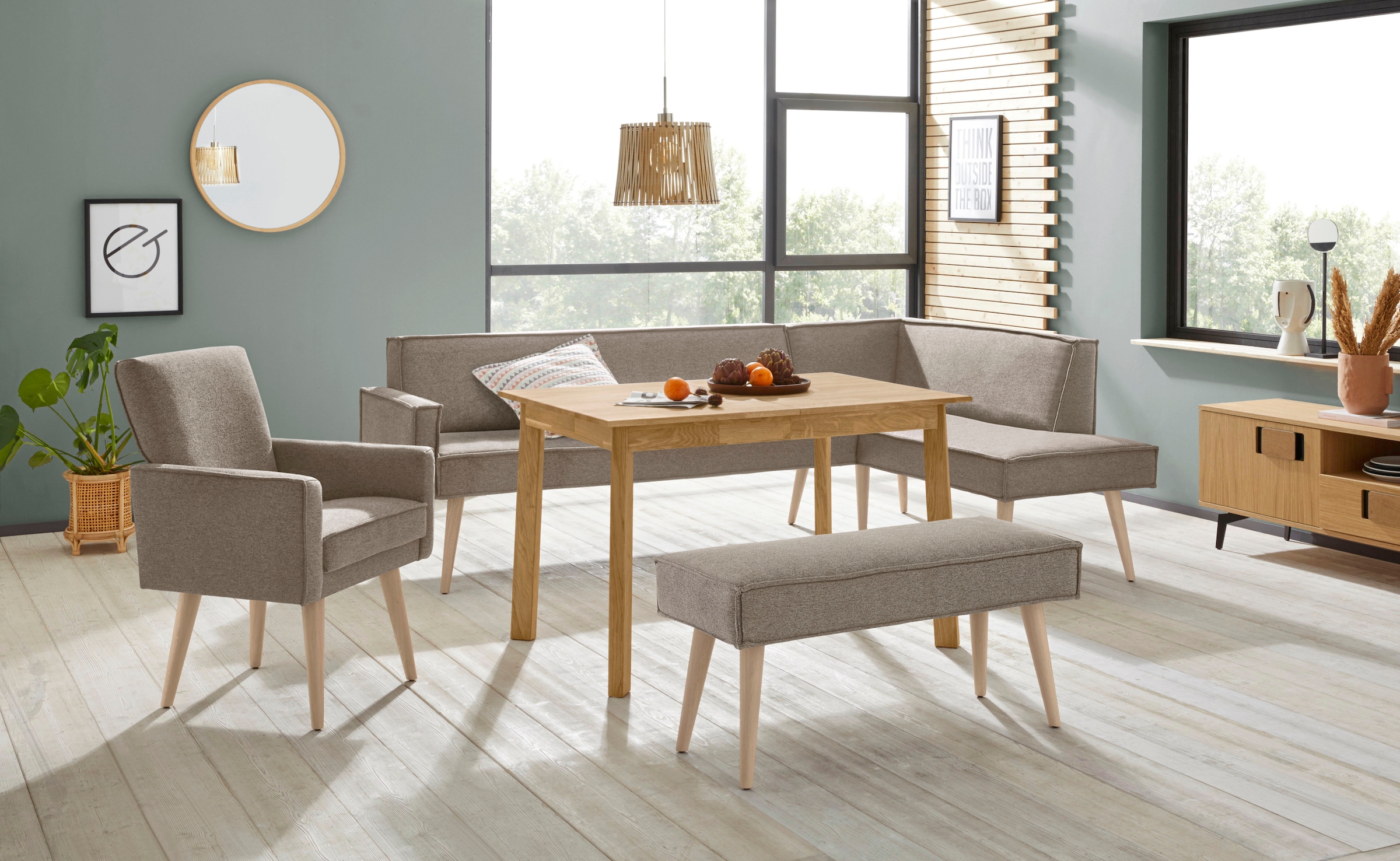 exxpo - sofa fashion Eckbank »Lungo, moderne Kedernaht, bequem und elegant, hoher Holzfuß«, hochwertige Detailverarbeitung, frei im Raum stellbar