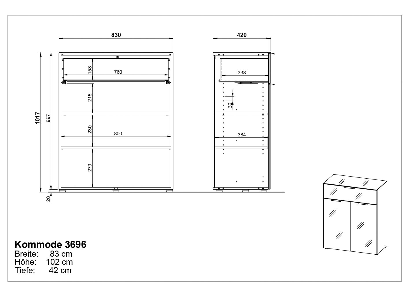 GERMANIA Kombikommode »Oakland«, Breite 83 cm, Fronten und Oberboden mit Glasauflage