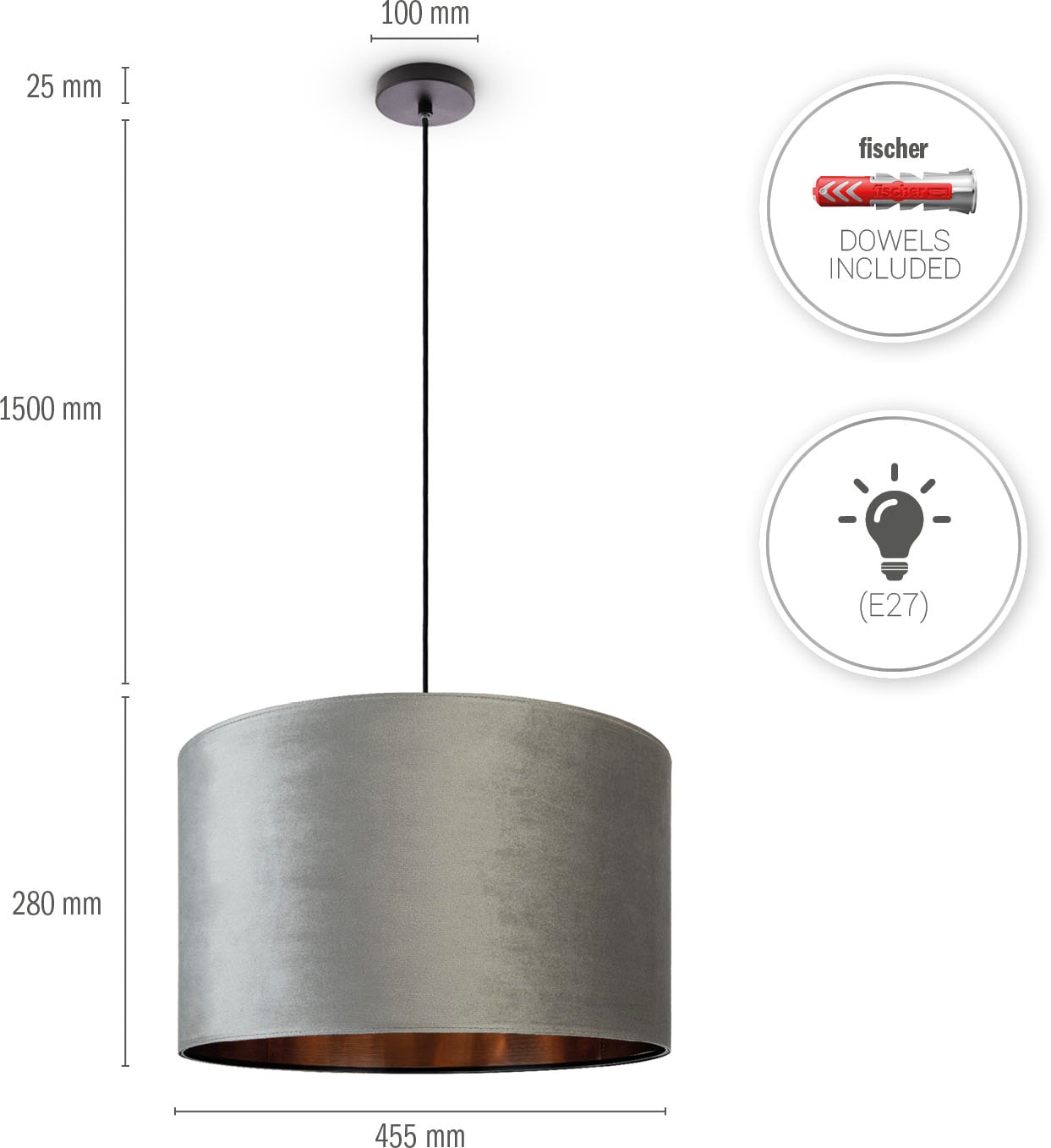 Wohnzimmer online Color«, »Hugo Paco Unifarben kaufen Kabel Lampenschirm Home 1,5m Pendelleuchte Deko aus E27 Velour uni