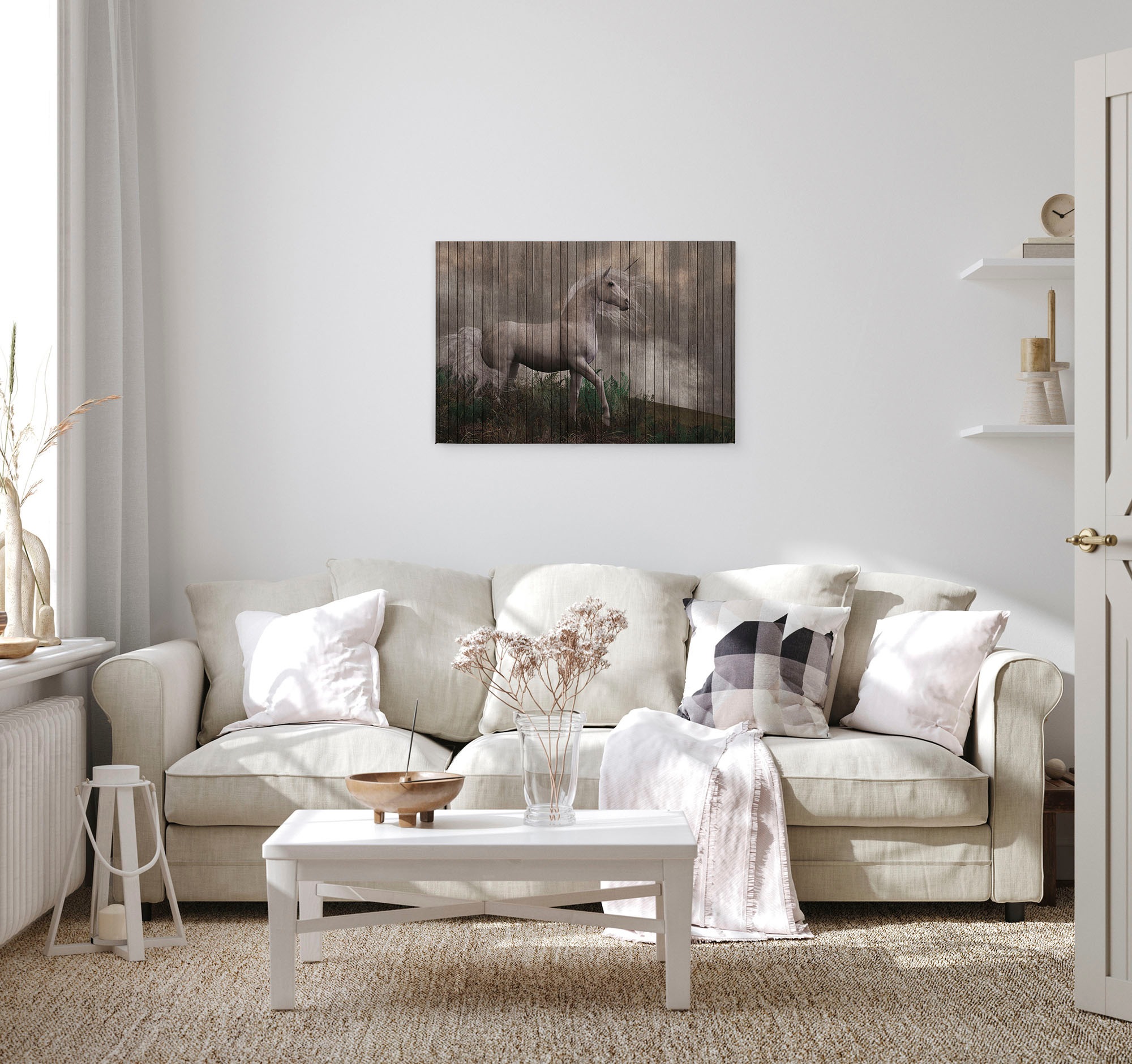 A.S. Création Leinwandbild »fantasy 3«, Kunst-Tiere-Kinder, (1 St.), Keilrahmen Bild Holzoptik Einhorn Leinwand-Bild Wohnzimmer modern Wand
