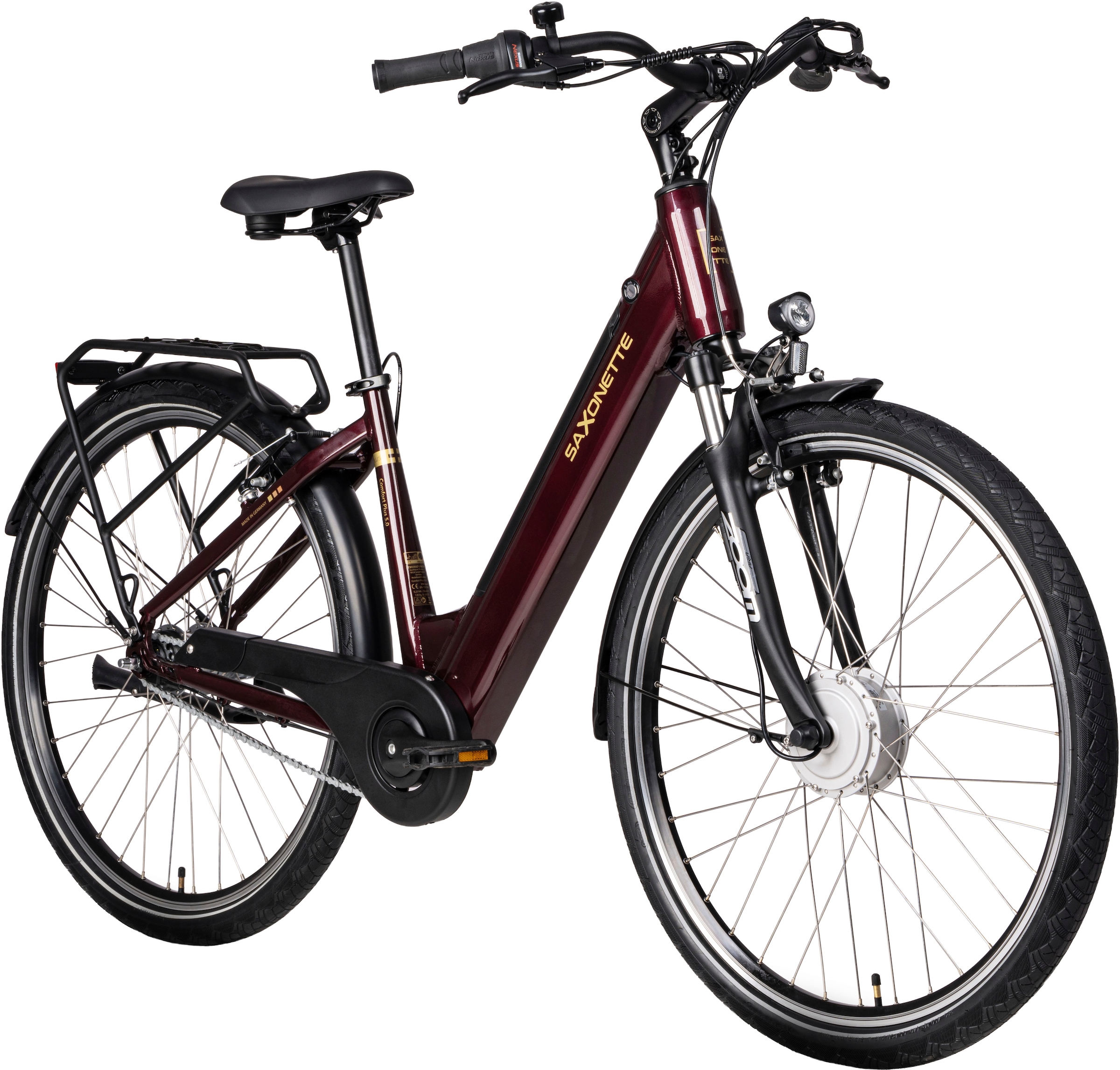 SAXONETTE E-Bike »SAXONETTE Comfort Plus 5.0 E-Bike Damen 28 Zoll«, 7 Gang, Shimano, Nexus 7 Gänge, Frontmotor 250 W, (Packung), (mit integr. Akku), Elektrofahrrad für Alltag und Einkauf