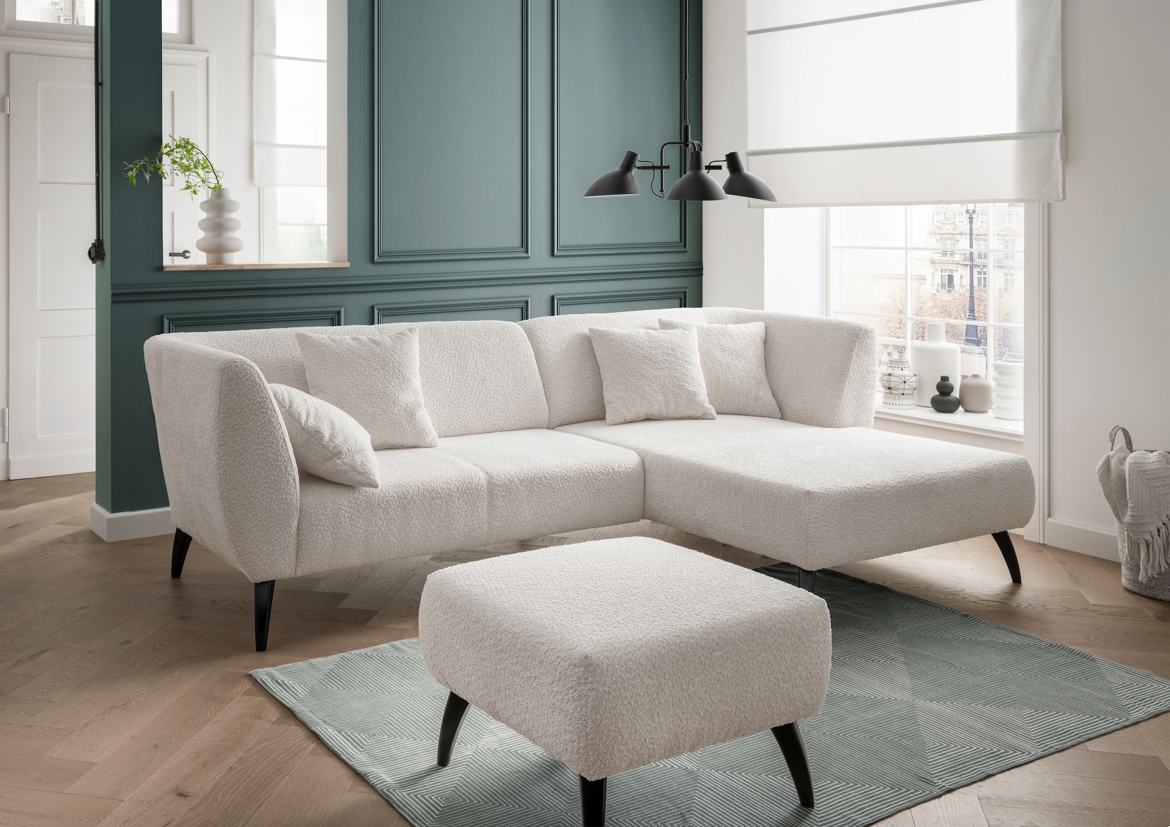 INOSIGN Ecksofa »Colori L-Form«, Holzfußfarbe wählbar, inkl. 4x Zierkissen günstig online kaufen