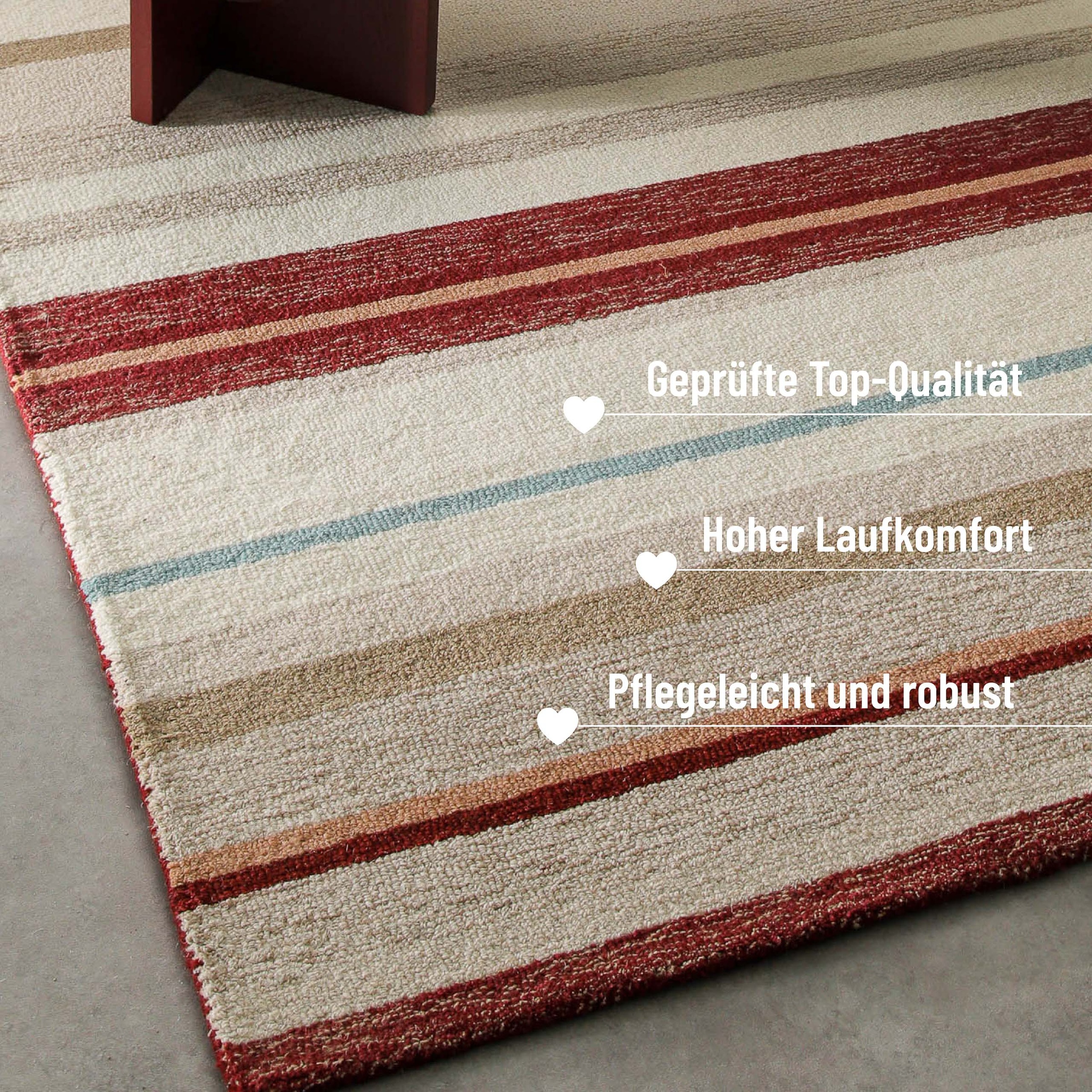 Wecon home Teppich »Sally«, rechteckig, 7 mm Höhe, handgefertigt, gestreift, pflegeleicht, Wolle, Wohnzimmer, Esszimmer