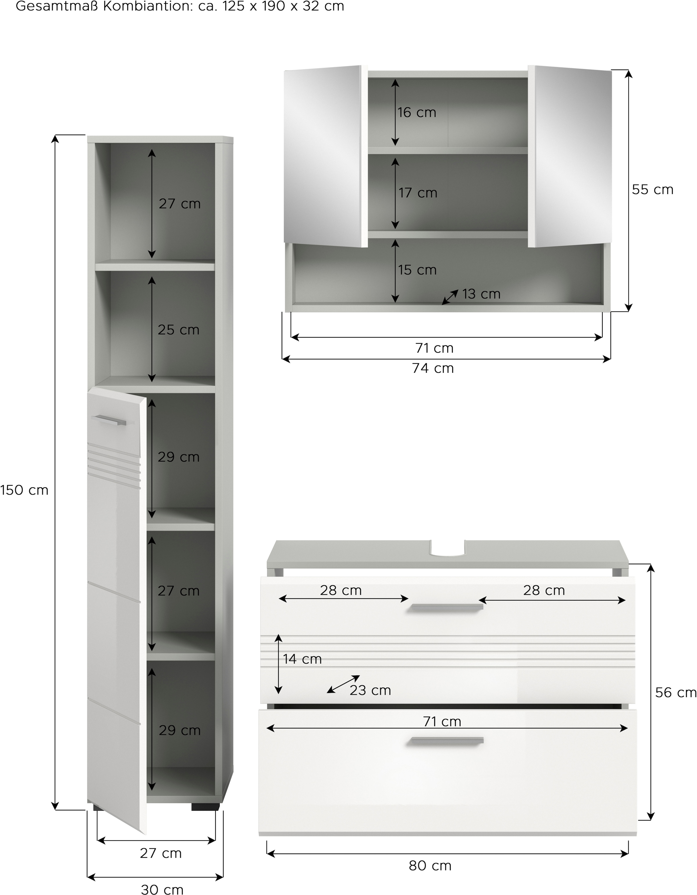 welltime Badmöbel-Set »Calicio, bestehend aus:Waschbeckenunterschrank,Hoch-und Spiegelschrank« 3 Stk. tlg. Spiegelschrank, hochwertige MDF Front mit Rillenfräsung