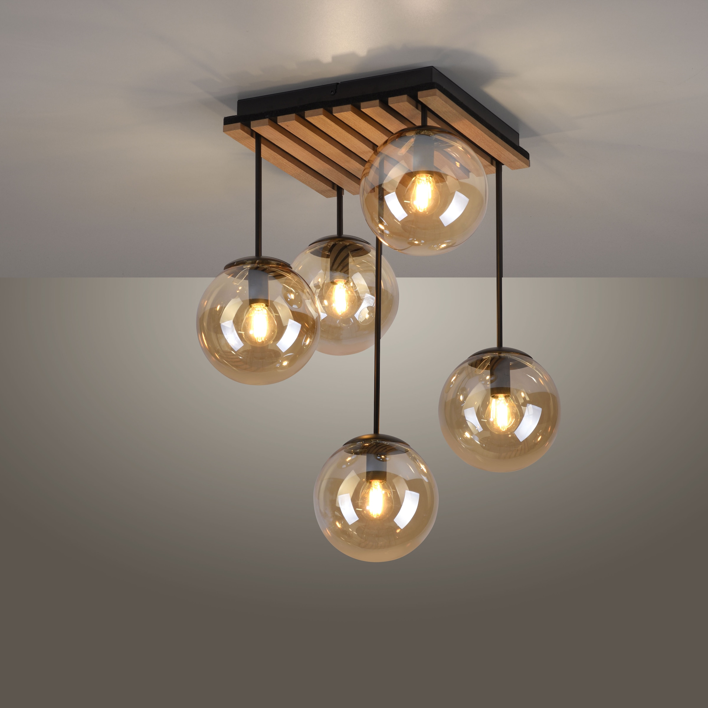 Leonique Deckenleuchte »Erinette Akustikpaneele mit Glaskugeln«, 5 flammig, Leuchtmittel E14 | ohne Leuchtmittel-Leuchtmittel wechselbar, Holz, Akustik, Paneele, Glas, Deckenlampe E14