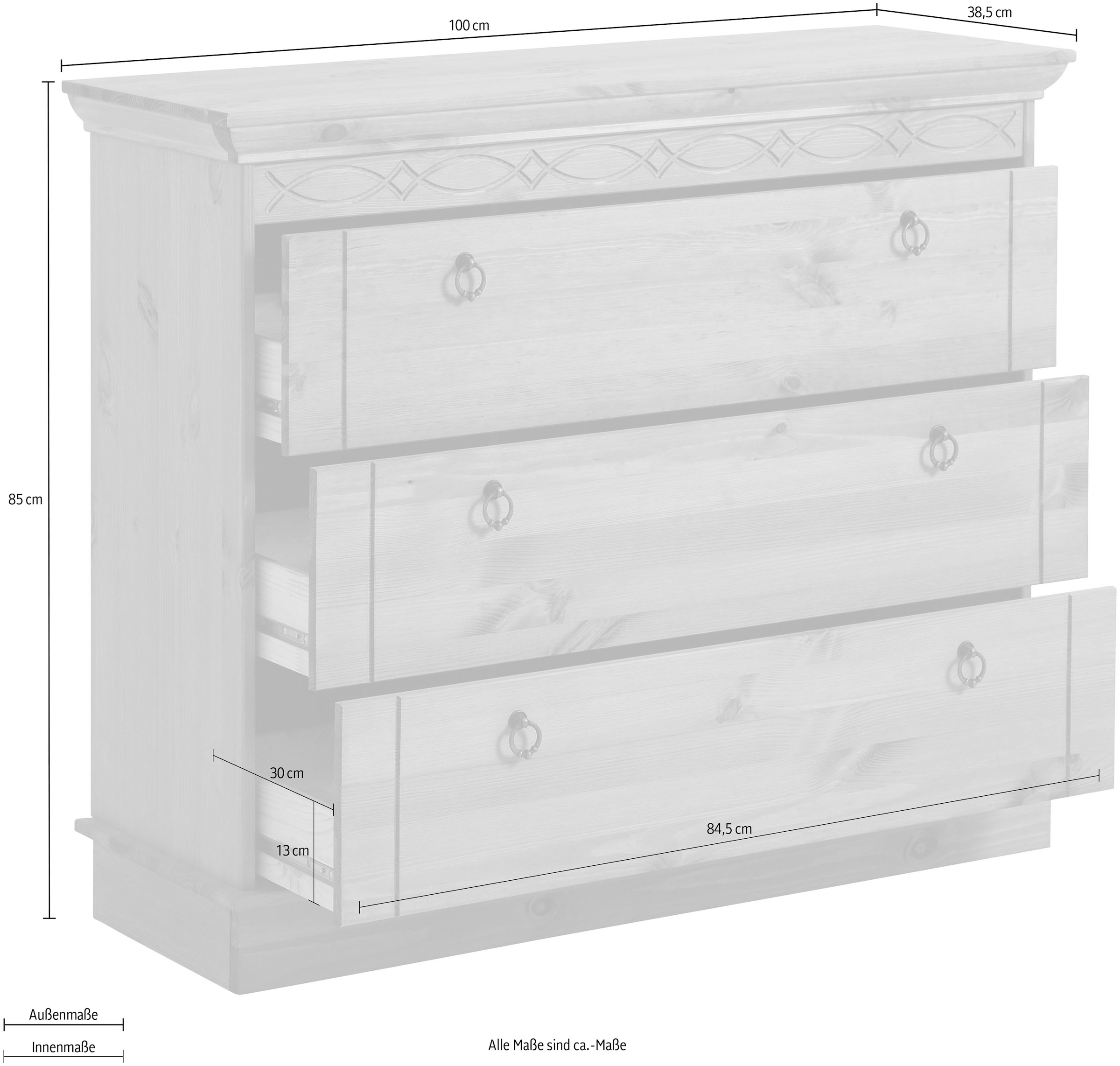 Home affaire Schubkastenkommode »Indra«, aus massiver Kiefer, mit 3 Schubladen, Breite: 100 cm