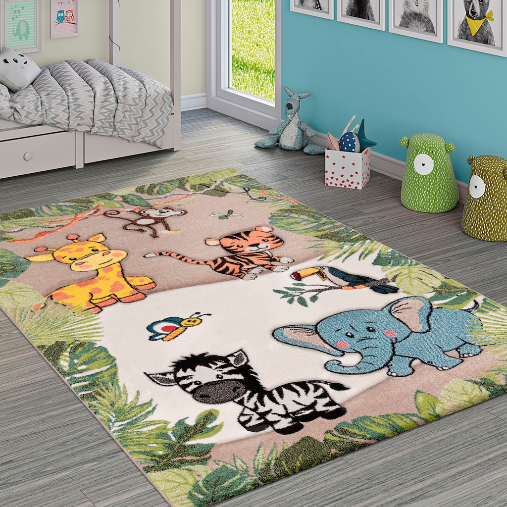Paco Home Kinderteppich »Diamond 644«, rechteckig, 18 mm Höhe, 3D-Design, Motiv Dschungel Tiere, Kinderzimmer
