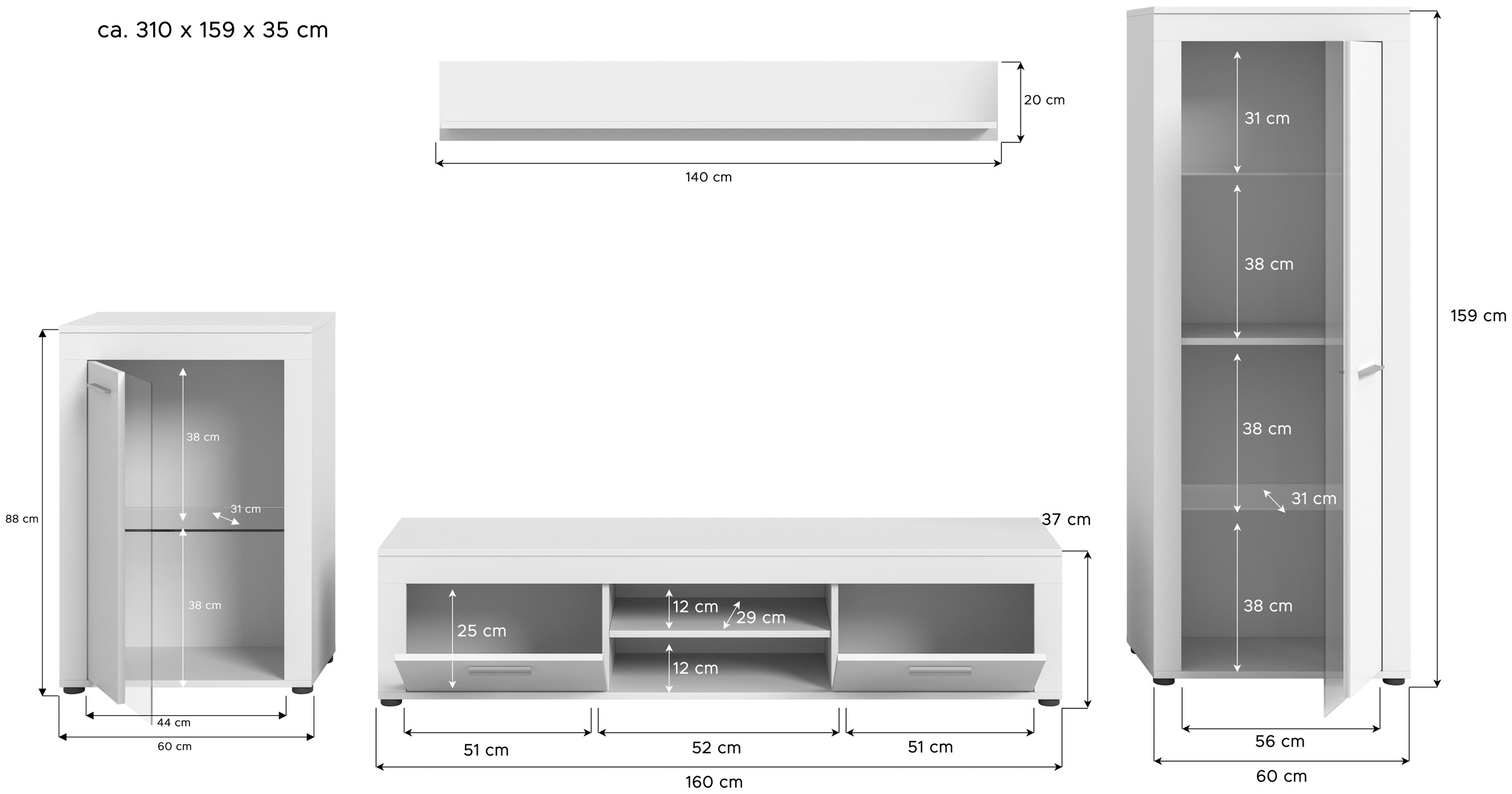 INOSIGN Wohnwand »Aosta, 4-tlg., best. aus: Vitrine, Lowboard, Wandboard & Vitrine hoch«, (4 St.), Wohnwand, Kombination, Anbauwand, Möbel Set, Schrankwand, Möbel Kombi
