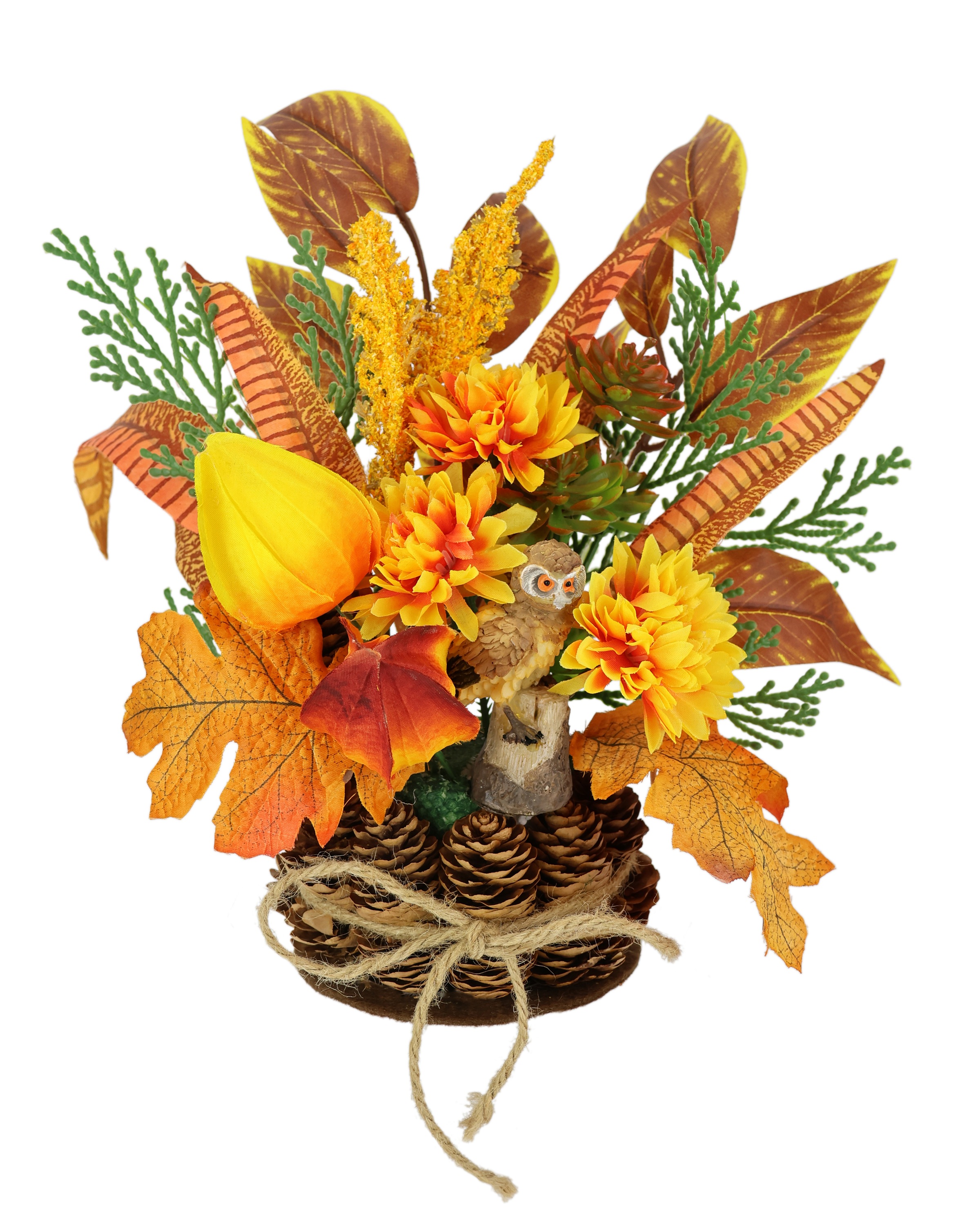 I.GE.A. Kunstblume »Herbstgesteck Chrysanthemen«, Im Zapfentopf mit Physalis, Eule, Herbstlaub