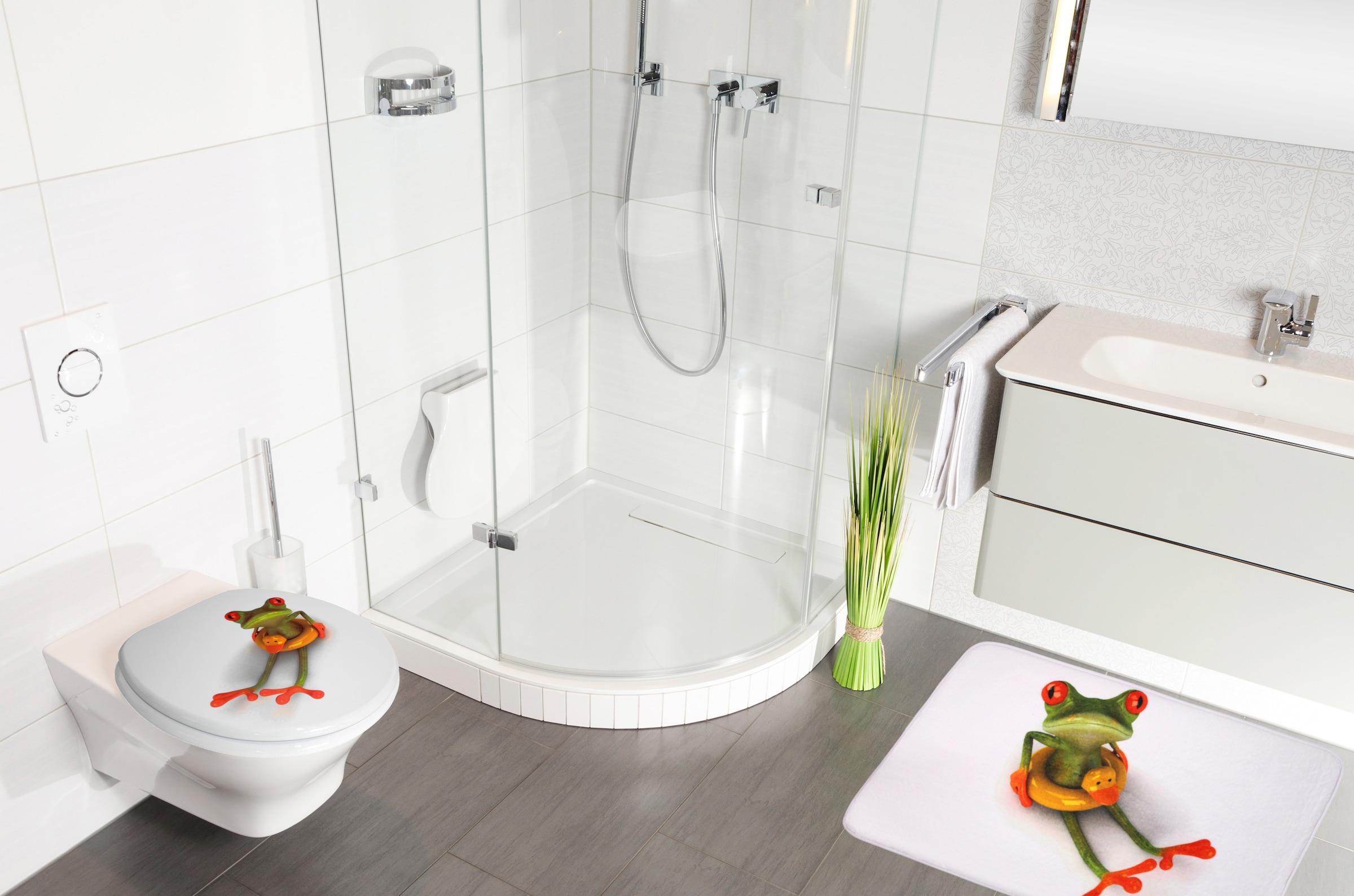 Sanilo Badaccessoire-Set »Froggy«, (Komplett-Set, 3 tlg.), bestehend aus WC-Sitz, Badteppich und Waschbeckenstöpsel