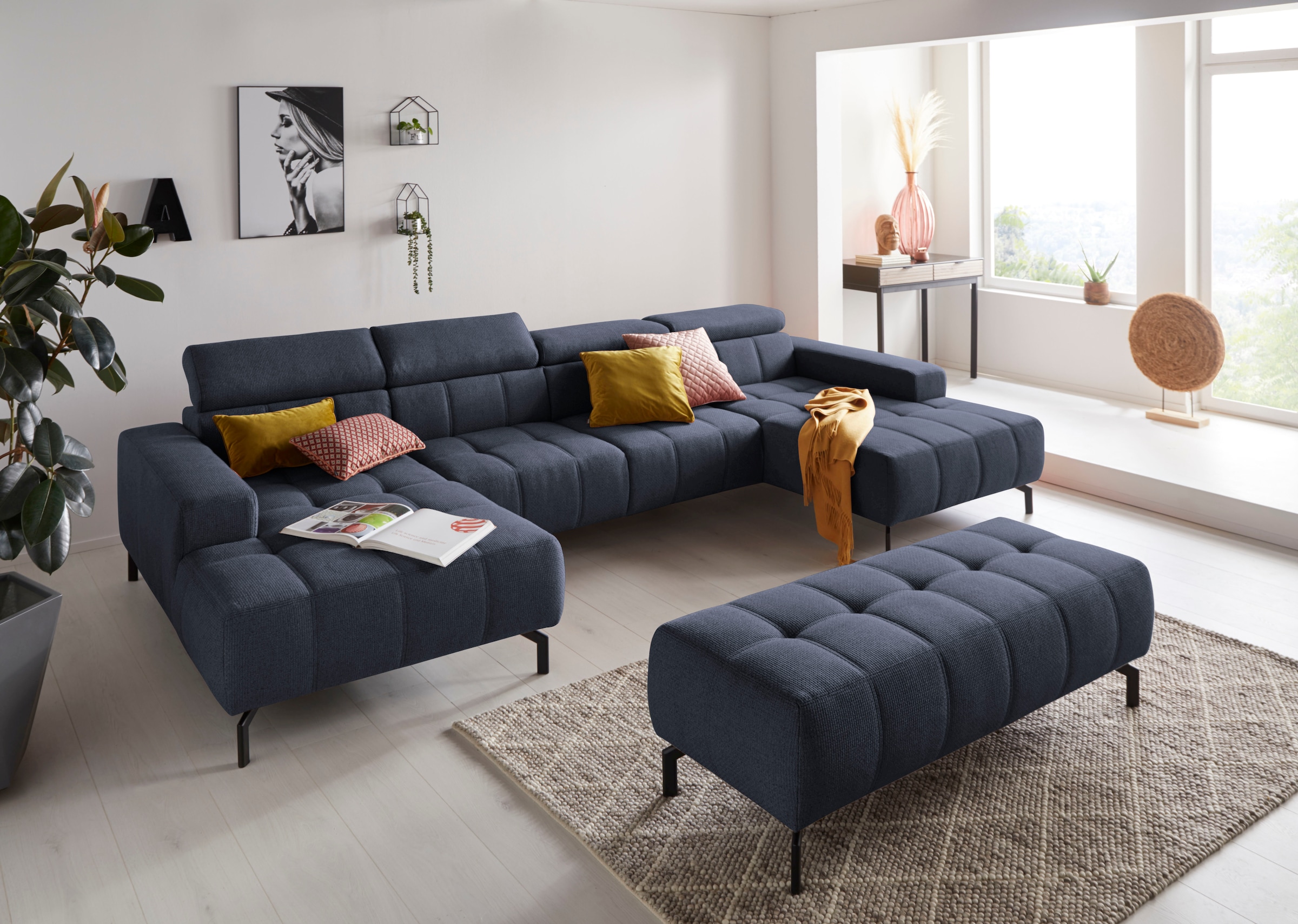 DOMO collection Wohnlandschaft »Cunelli tolle Sitznähte als Designelement, fester Sitzkomfort, U-Form«, wahlweise mit Kopfteilverstellung, bodenfrei